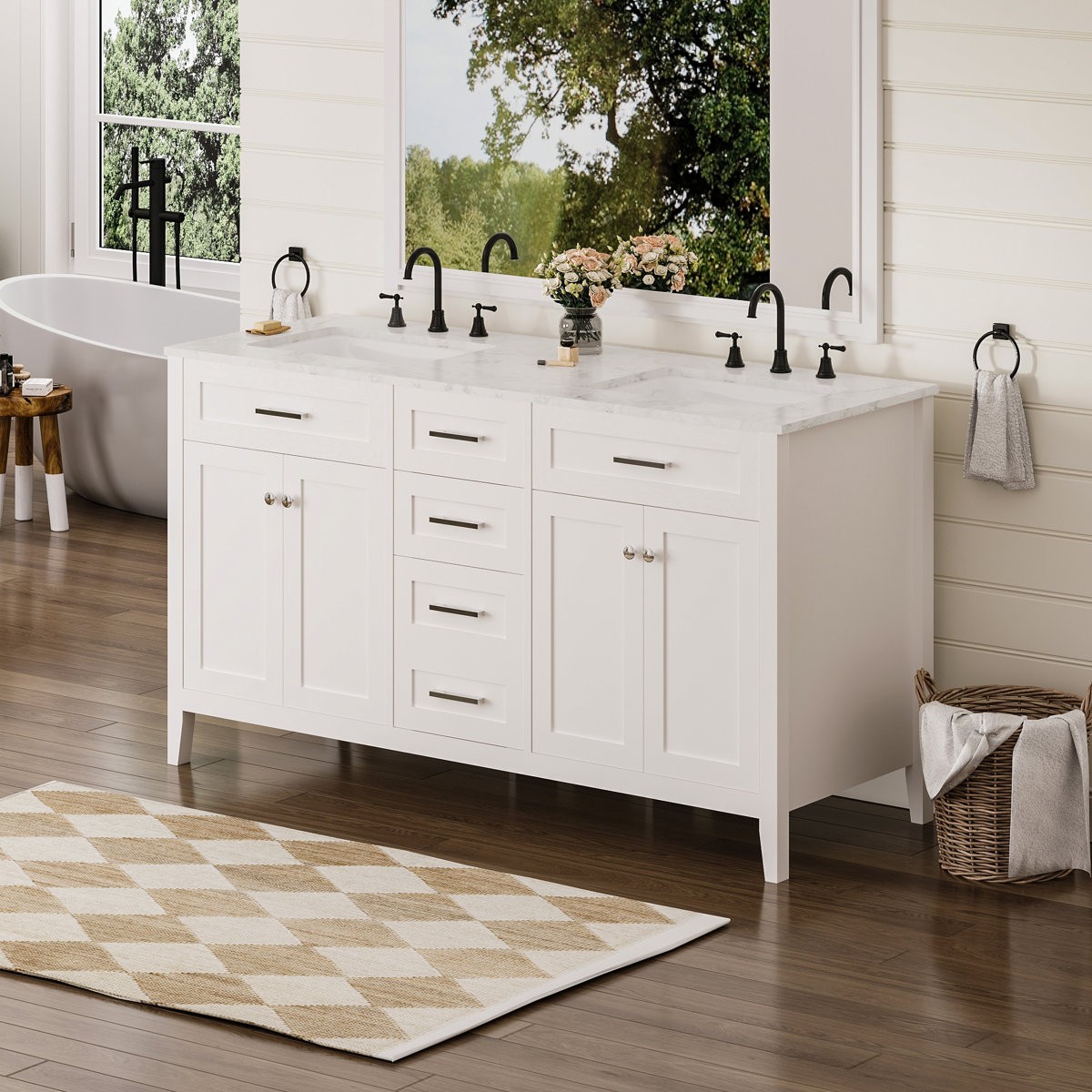60″ Double Sink Bathroom Vanity w/ Ceramic Top Modern Wood Cabinet 3-Drawer