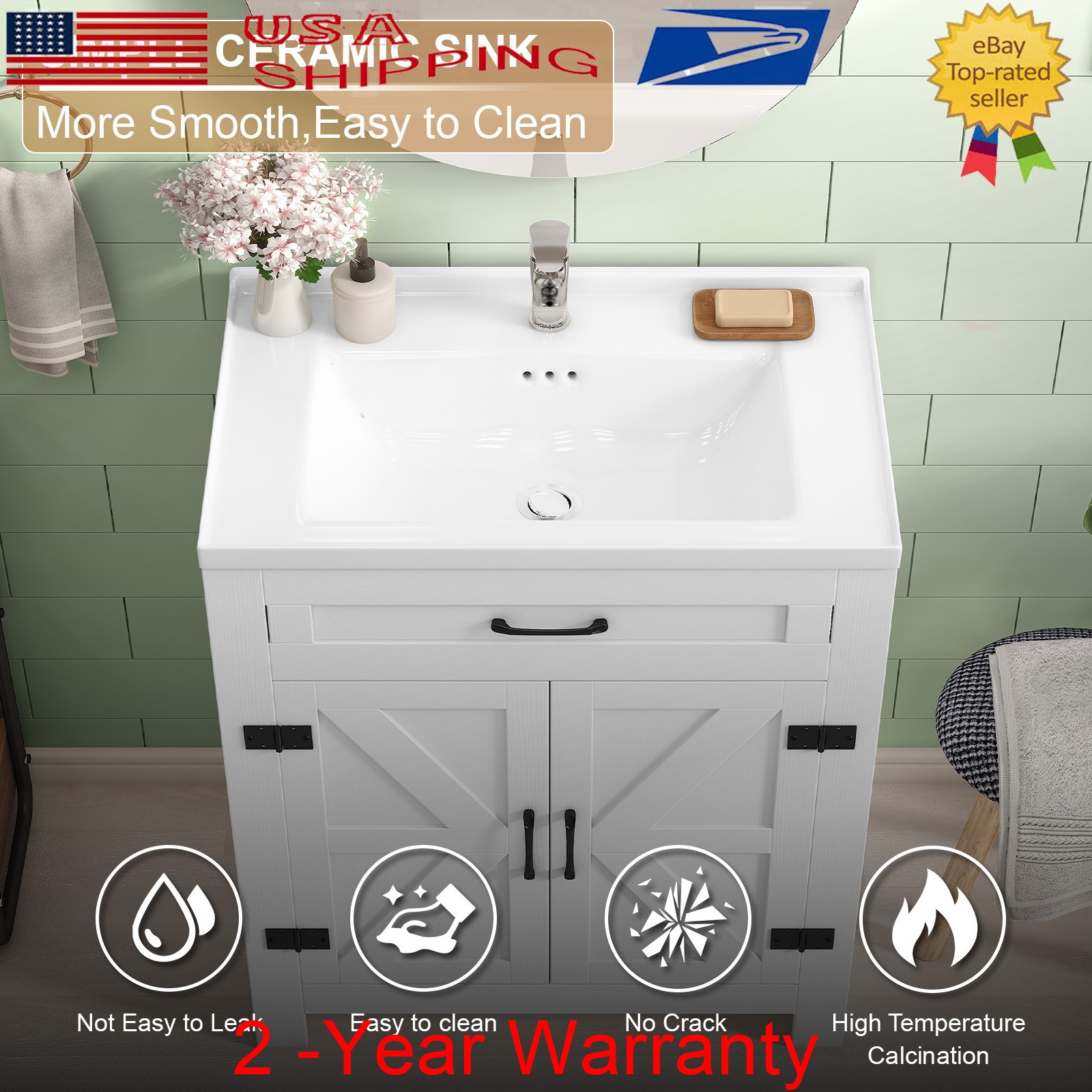 31” Bathroom Vanity Combo with Drop in Ceramic Sink Storage Cabinet Set White