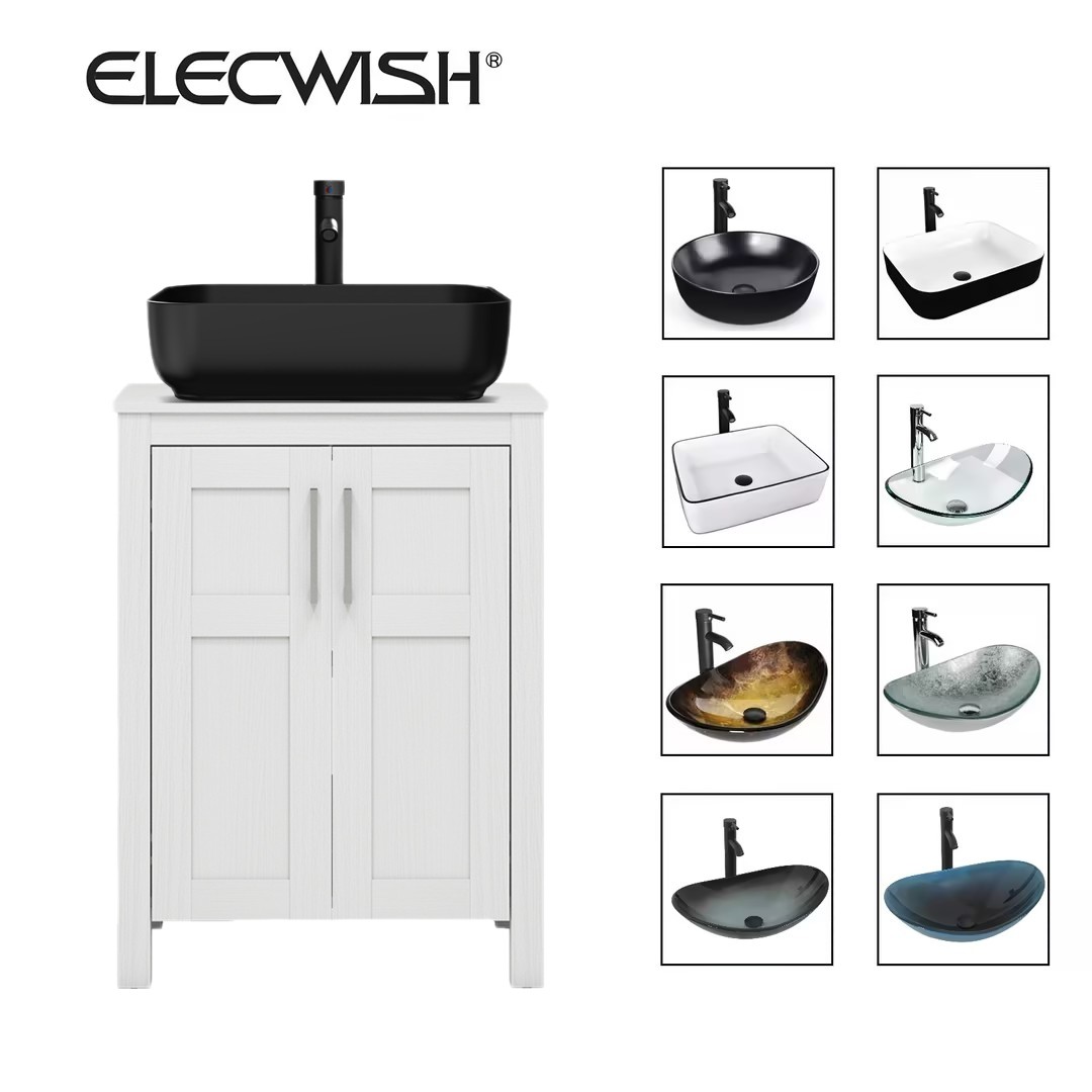 24Inch Bathroom Vanity Single Cabinet w/ Vessel Sink Combo Black Faucet & Drain
