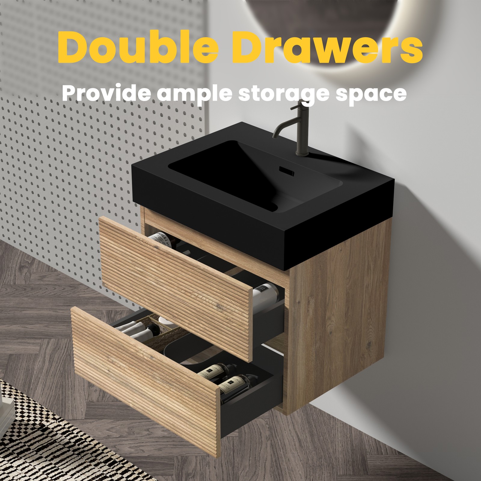 24″ Rough Oak Floating Bathroom Vanity with Black Sink & Drawers