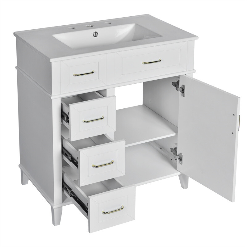 30in White Bathroom Vanity with Ceramic Freestanding Cabinet w/Door & 3 Drawers