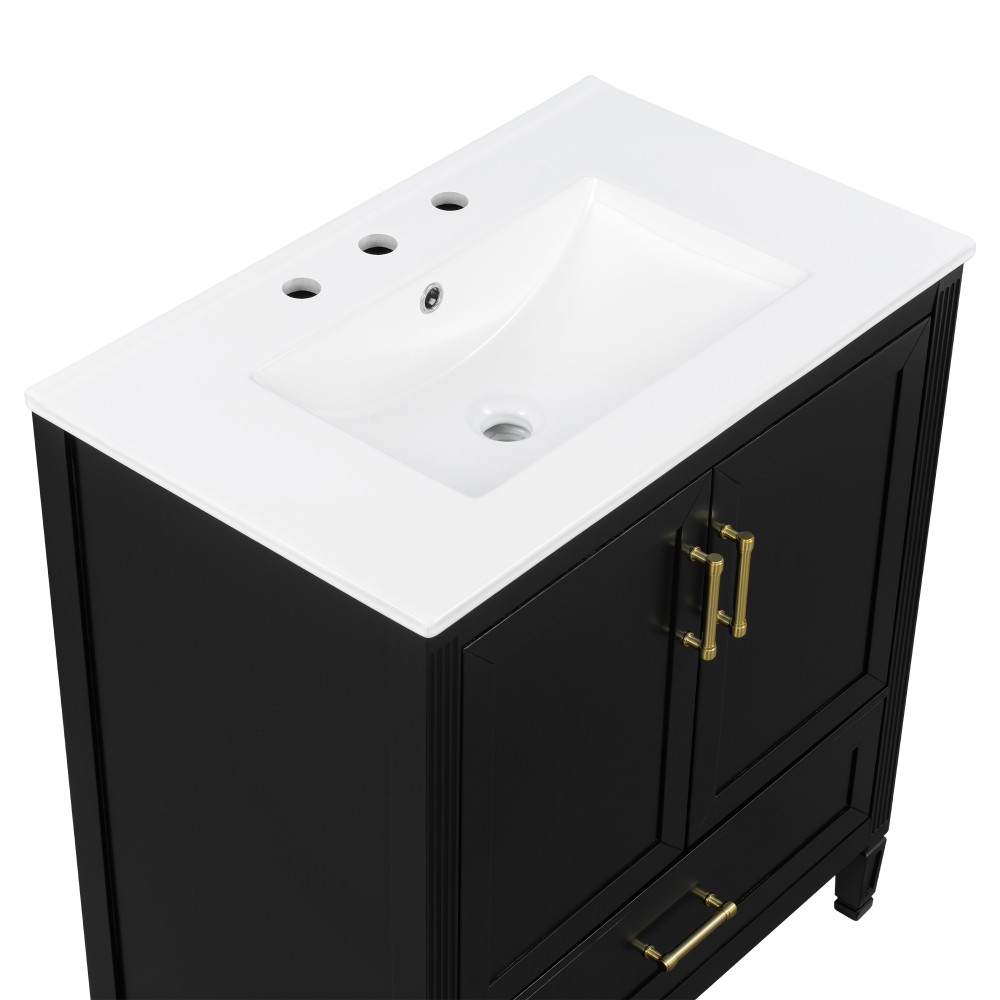 30 Inch Fluted Black Bathroom Vanity with Ceramic Sink Soft-Close Doors Drawer