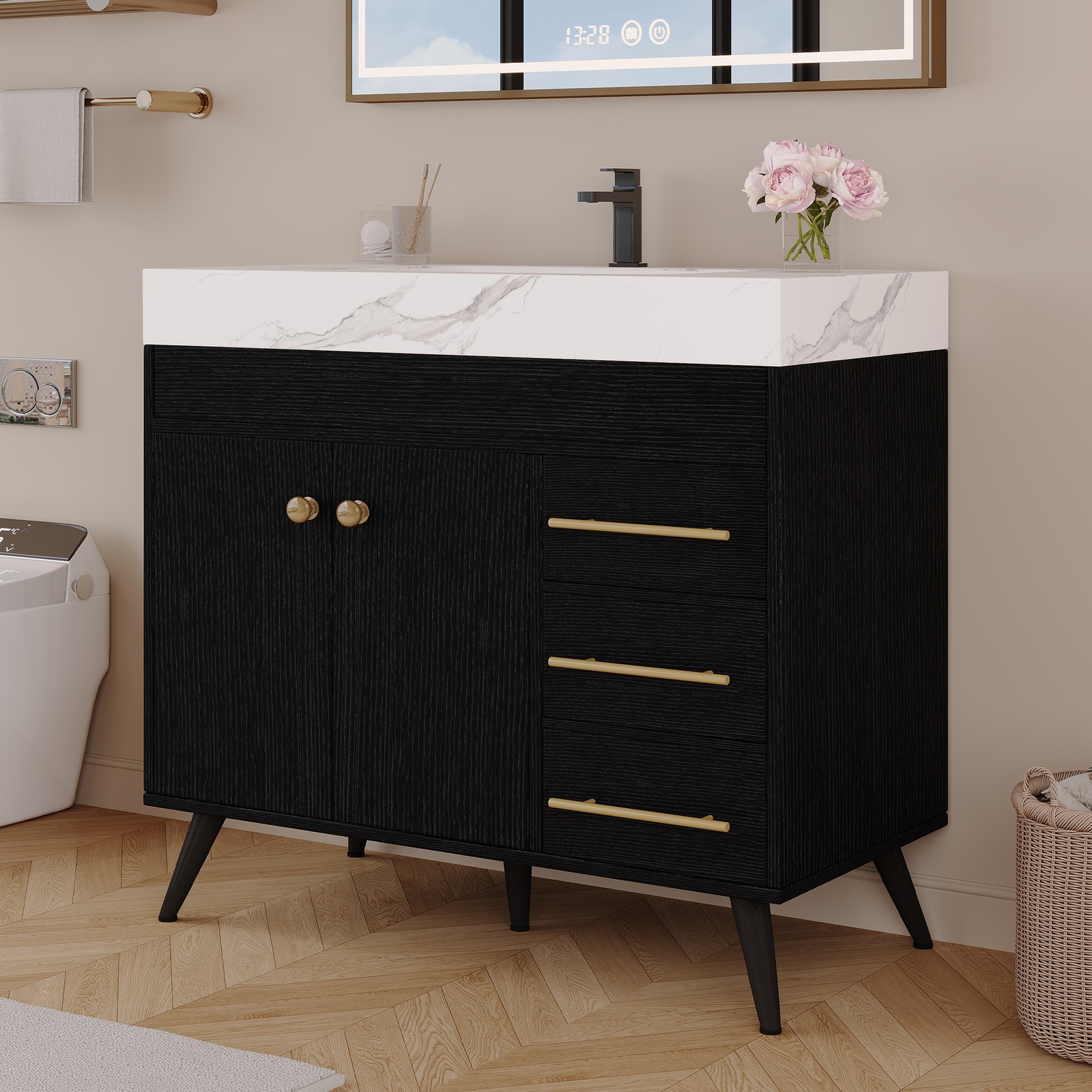 36″ Freestanding Bathroom Vanity with Ceramic Sink & Faux Marble Top