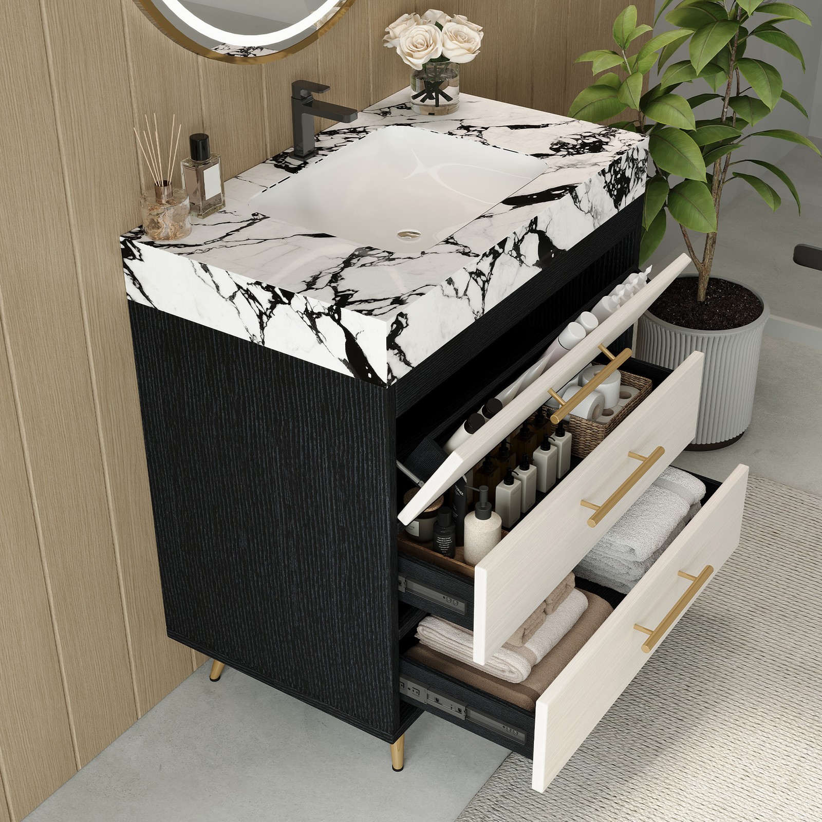 Modern Free-Standing Vanity with Sintered Stone Top & Ceramic Sink
