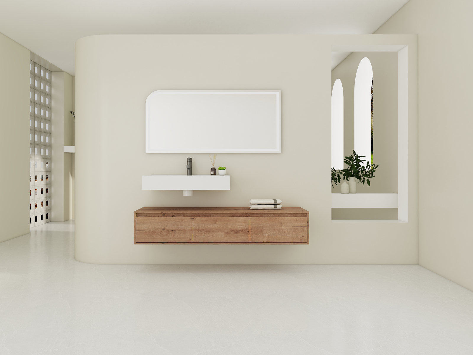 60″ Wood Wall Mount Bathroom Vanity Resin Sink Floating Vanity Sink Vessel Sink