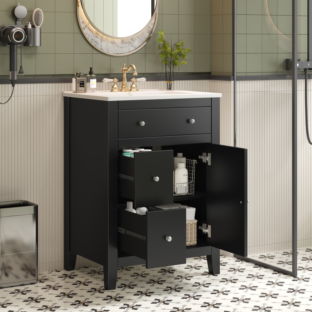 Bathroom Vanity with Ceramic Basin Features Two Drawers and Soft-Close Doors
