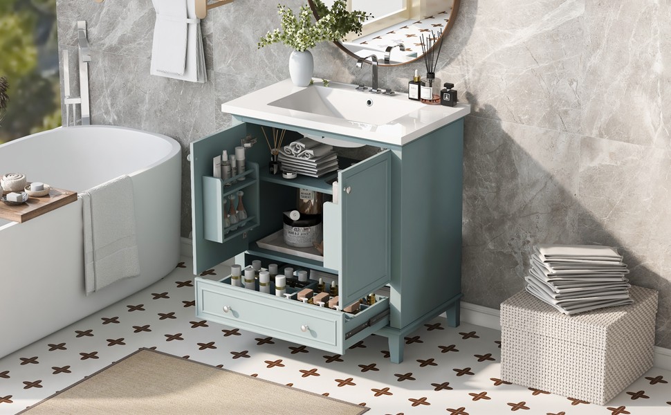 30″ Bathroom Vanity with Sink Combo, Green, Solid Wood & MDF Cabinet