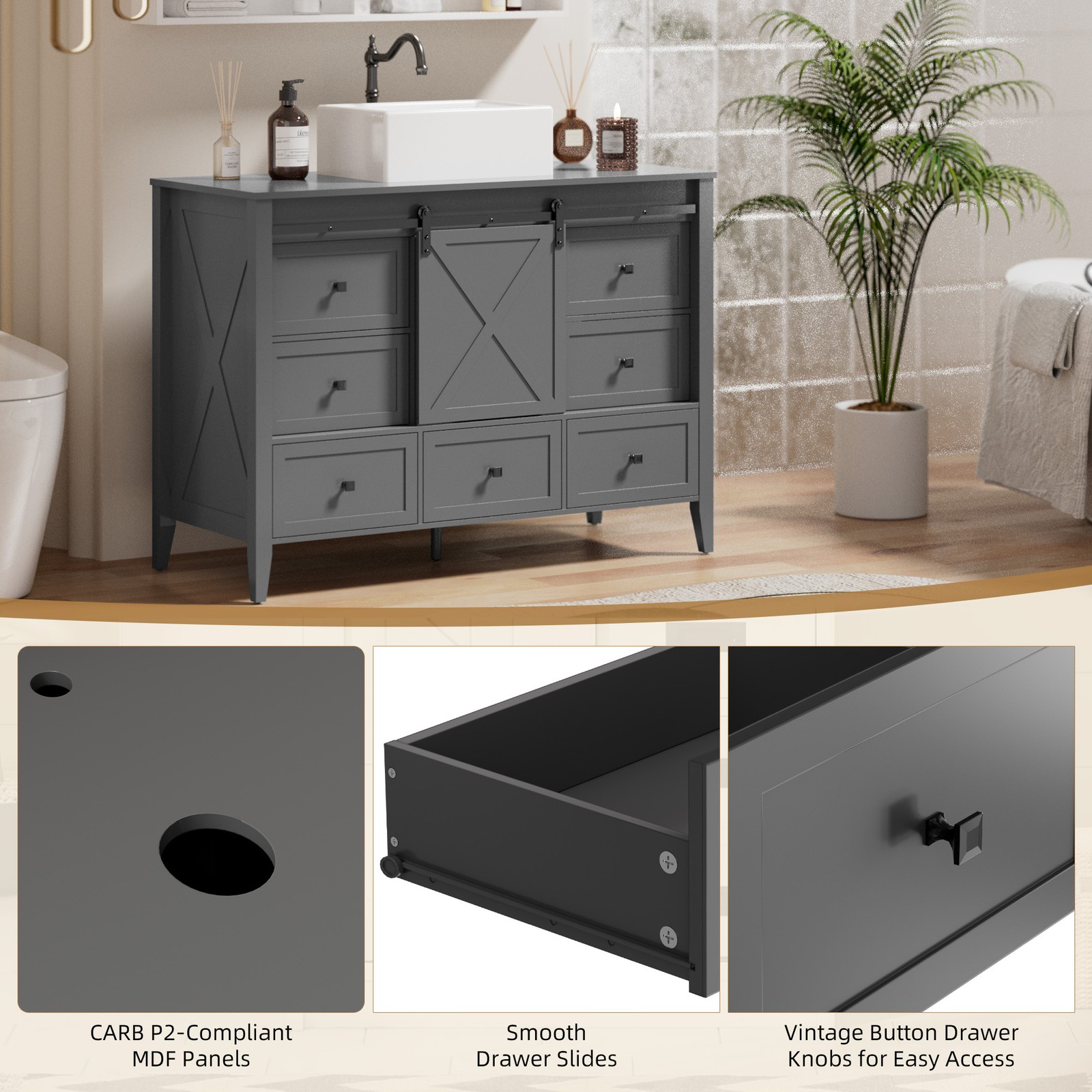 48″ Bathroom Vanity Sink Ceramic Freestanding 7Drawers Space-Saving Cabinet Grey