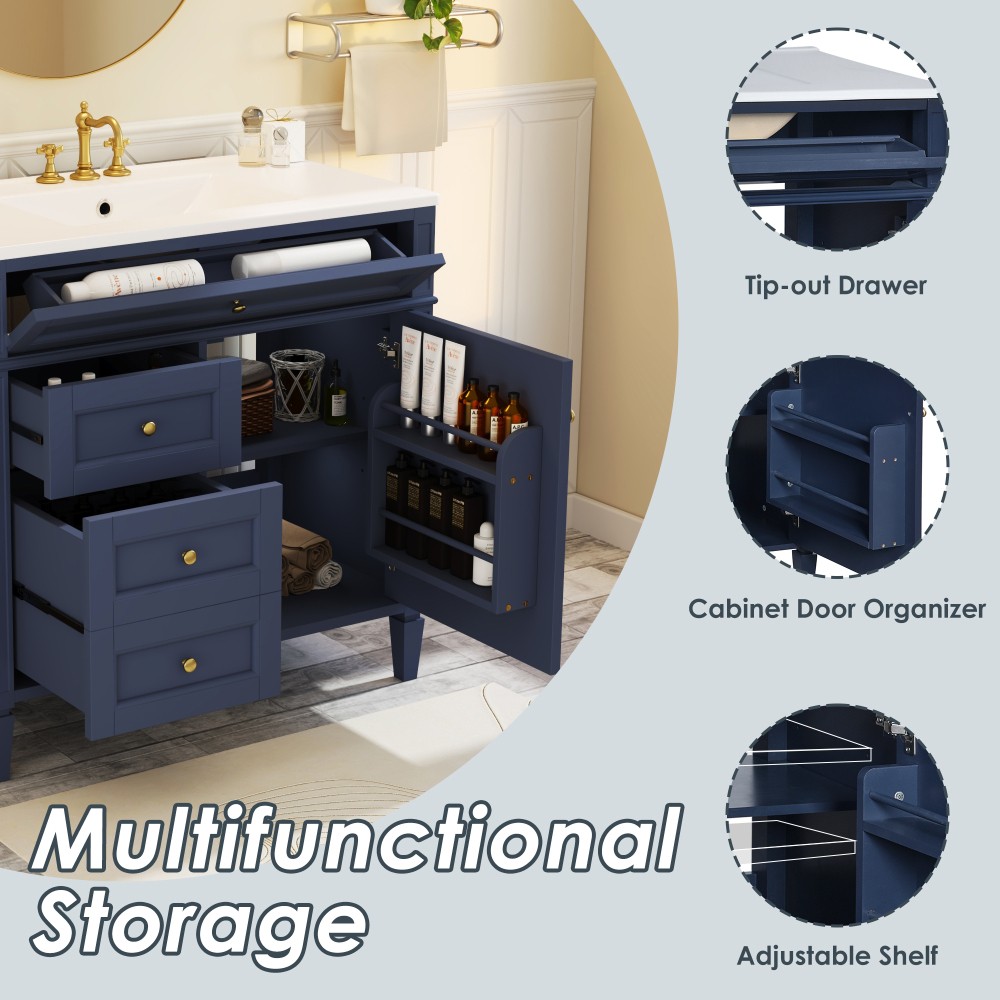 36 Inch Single Sink Bathroom Vanity Gloss Ceramic Top Storage Drawers
