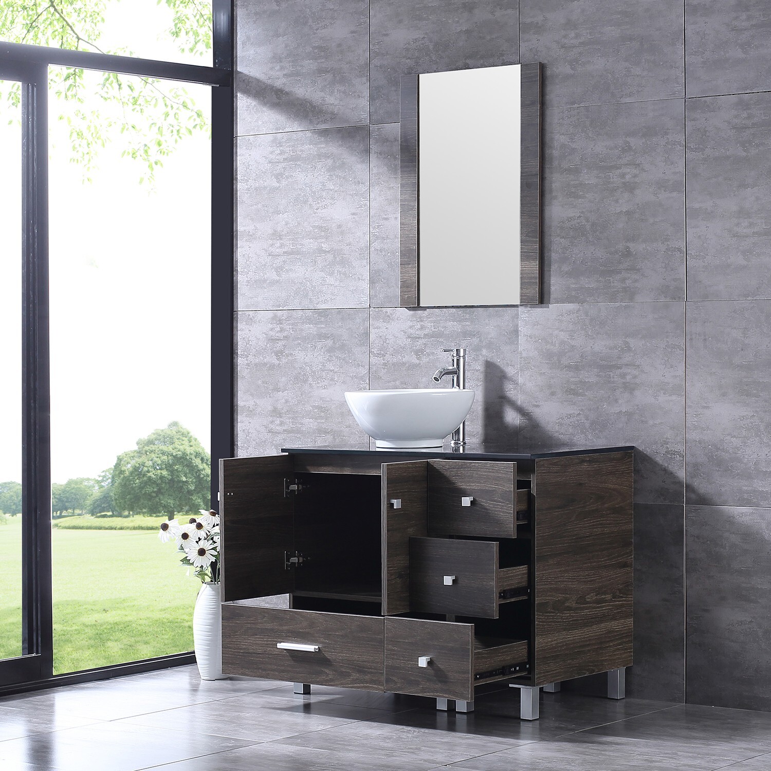 Bathroom Vanity with Sink 36 Inch Cabinet Ceramic Sink w/Glass Top Set Brown