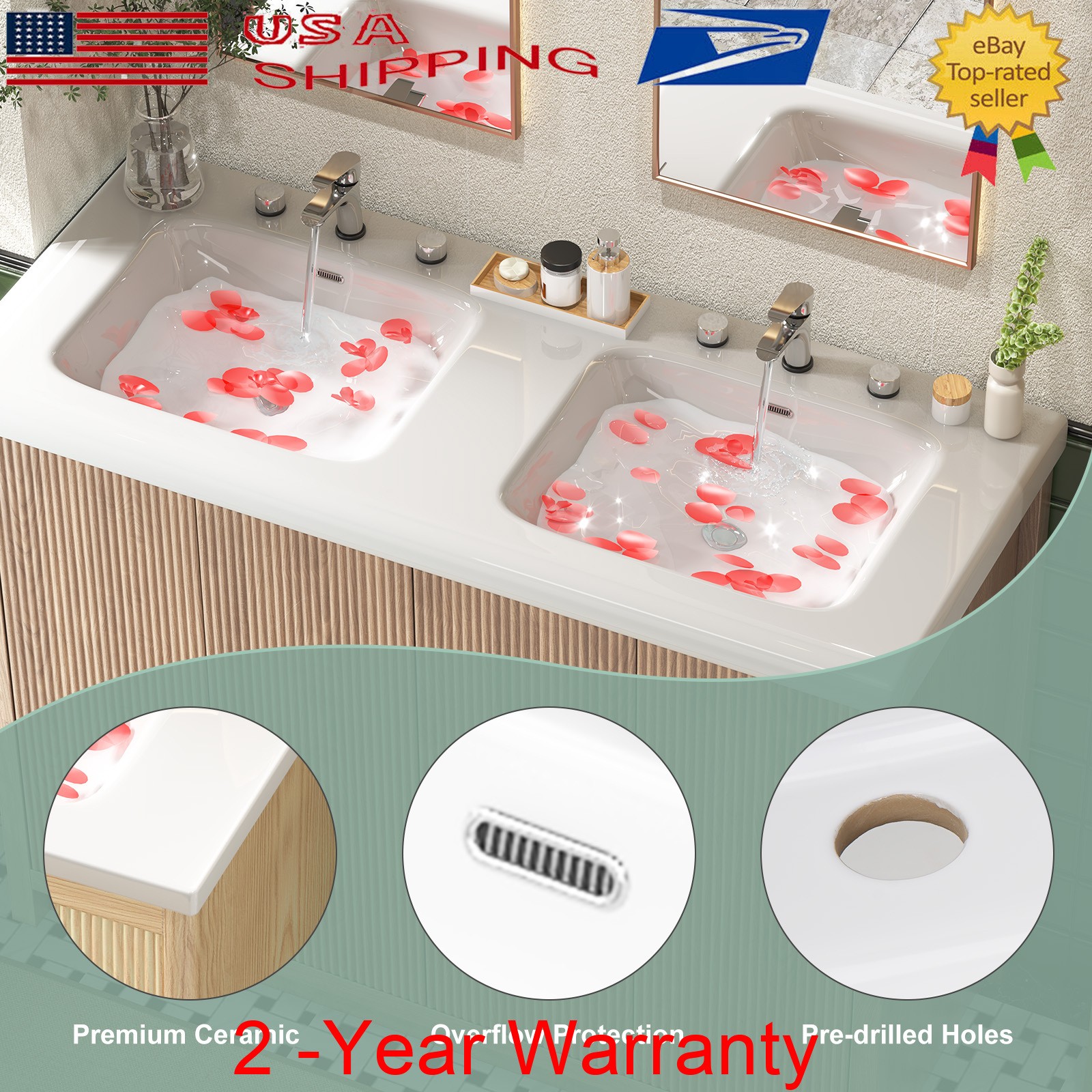 47.3″ Bathroom Vanity Set Double Sink Ceramic Freestanding Cabinet Wood Grain
