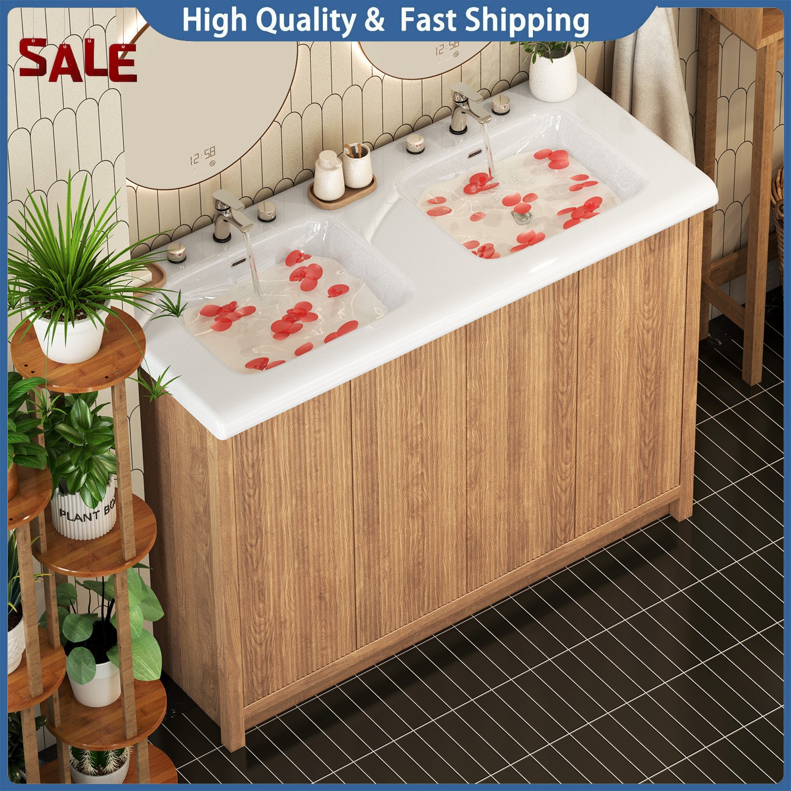 47″ Large Bathroom Vanity Double Ceramic Sink Freestanding Cabinet Storage