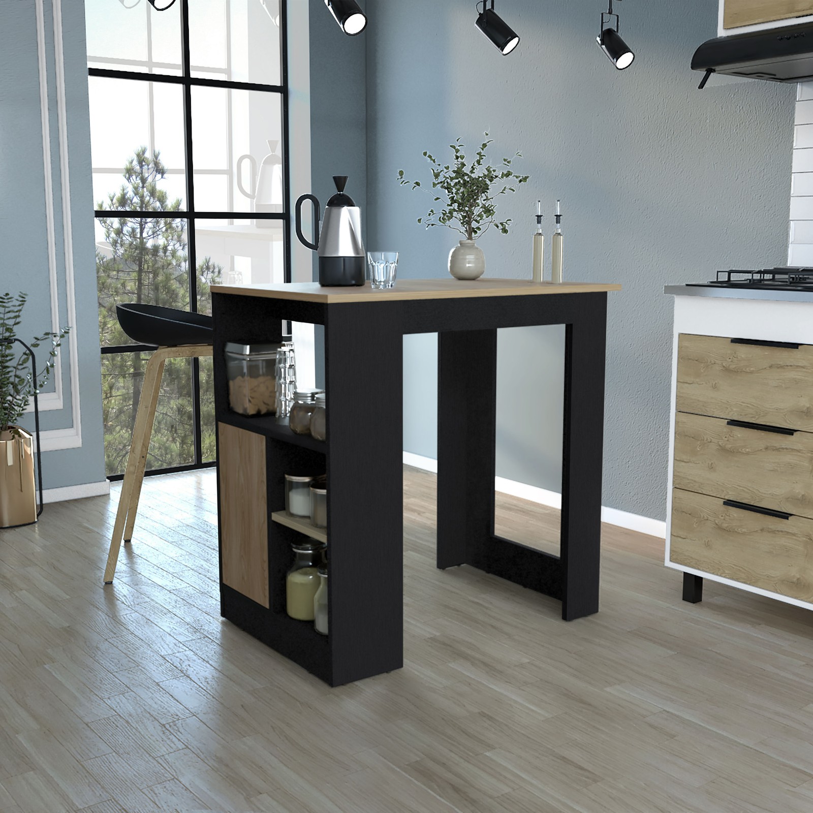 Kitchen Island 36″ H, Three Open Side Storage Shelves