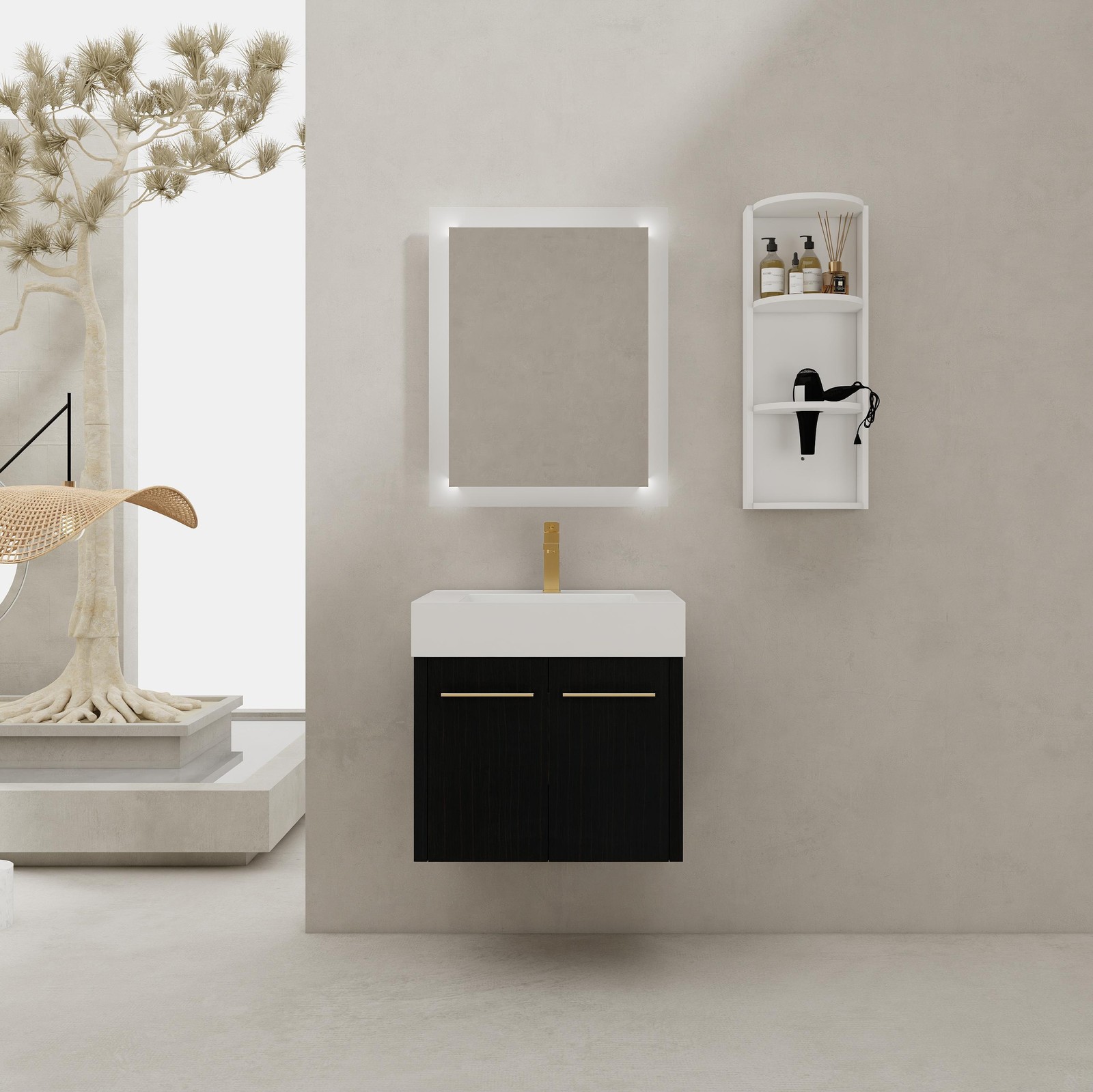 24In Plywood Wall-Mounted Bathroom Vanity W/Resin Sink Doors + Side Storage Rack