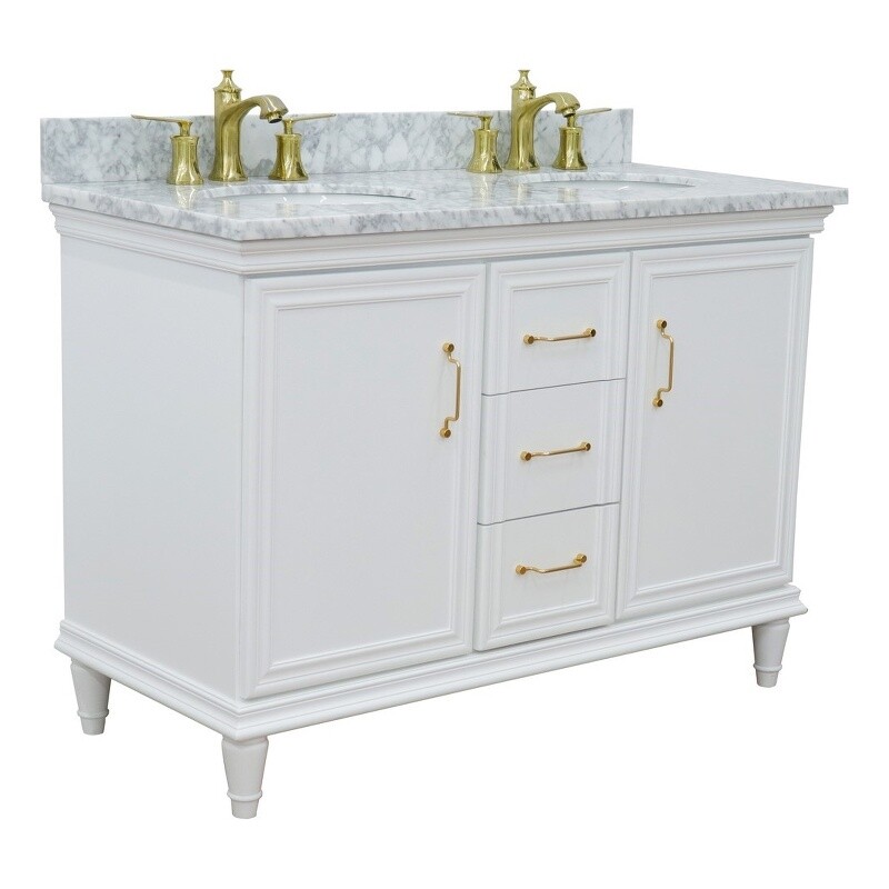 49 in. Double Wooden Vanity White with White Carrara Oval Sink