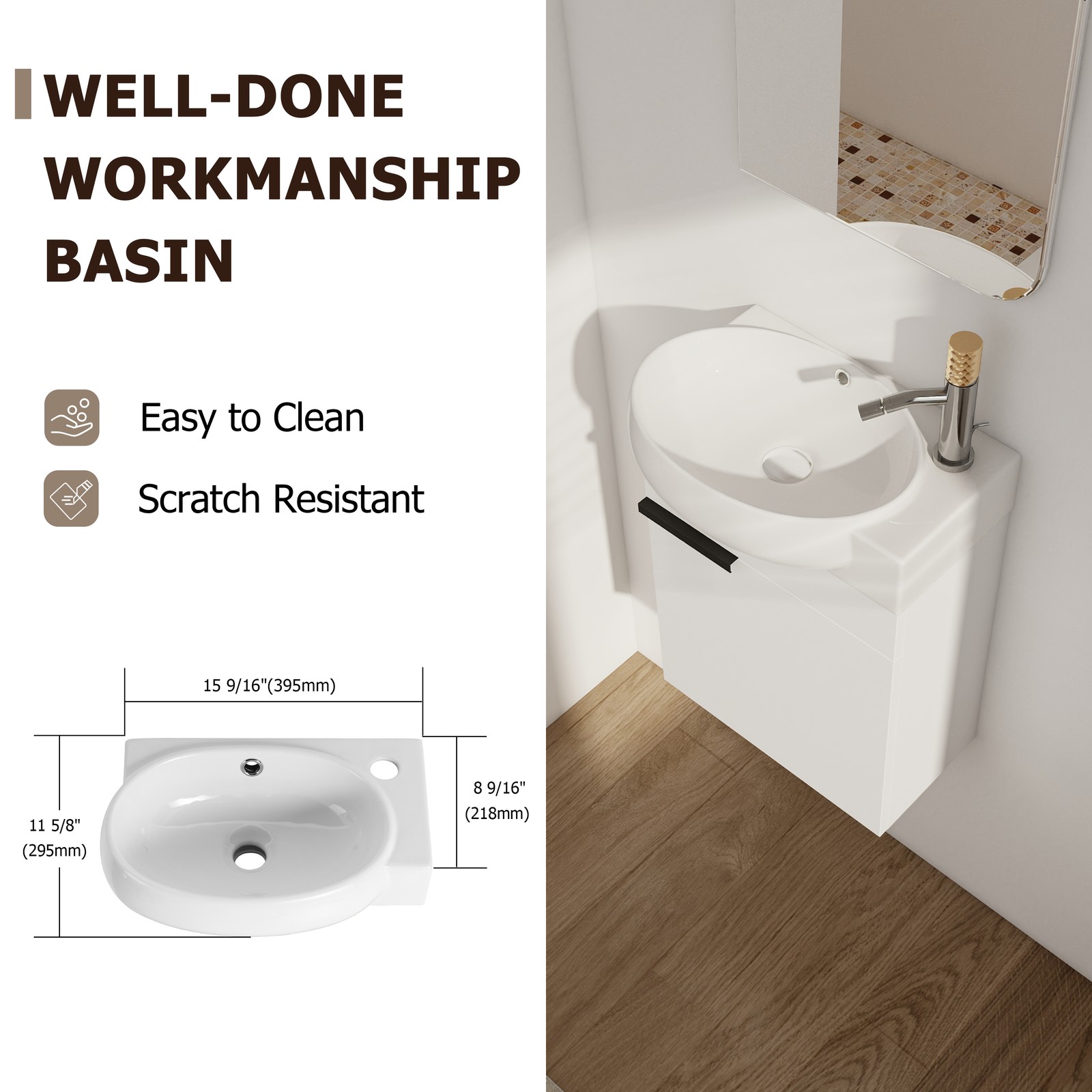 16 in Plywood Bathroom Vanity W/ Sink Combo Wall Mounted for Small Space White