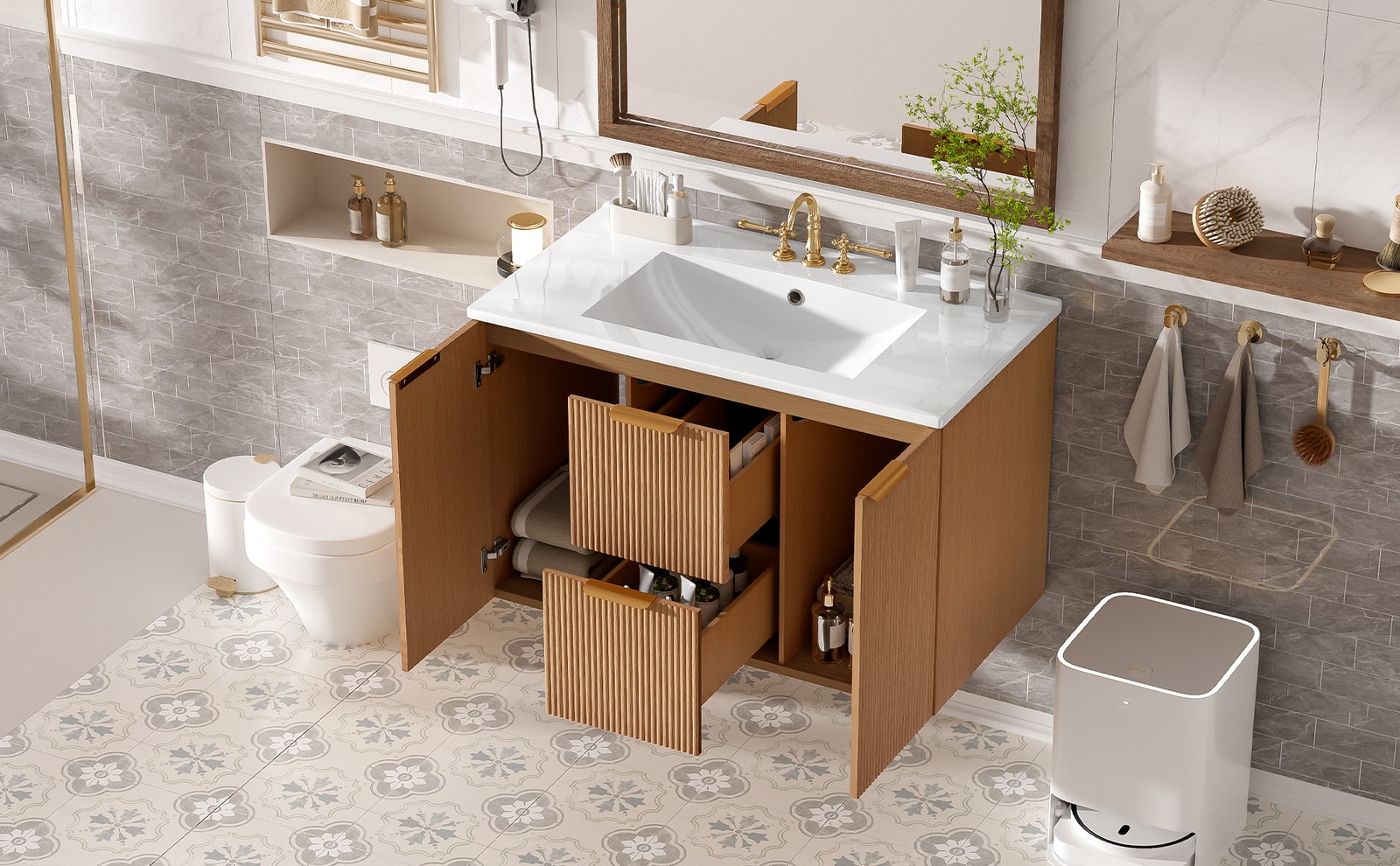 36 Inch Single Sink Bathroom Vanity with Ceramic Top, MDF Cabinet