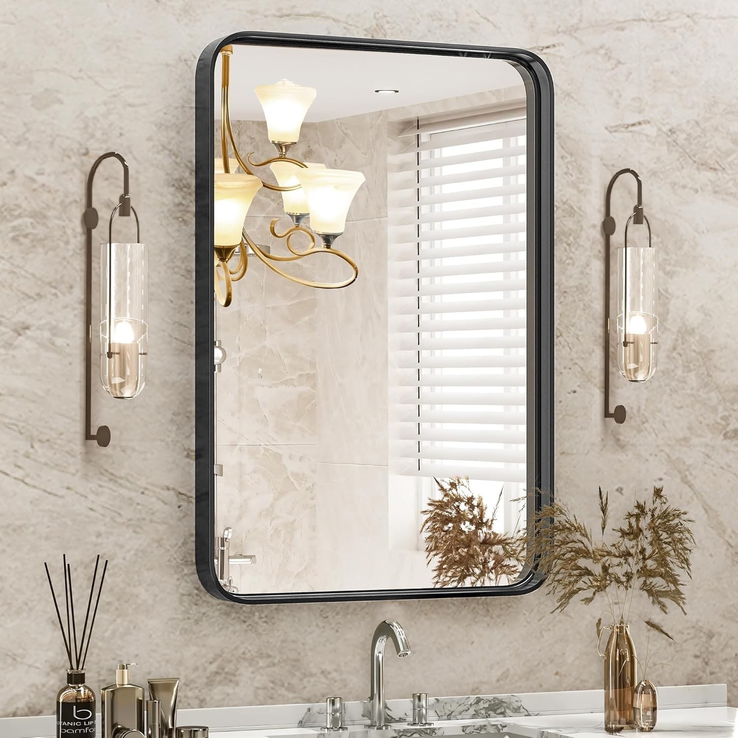 Black Metal Framed Vanity Rounded Rectangle Bathroom Mirrors for Over Sink Wa…