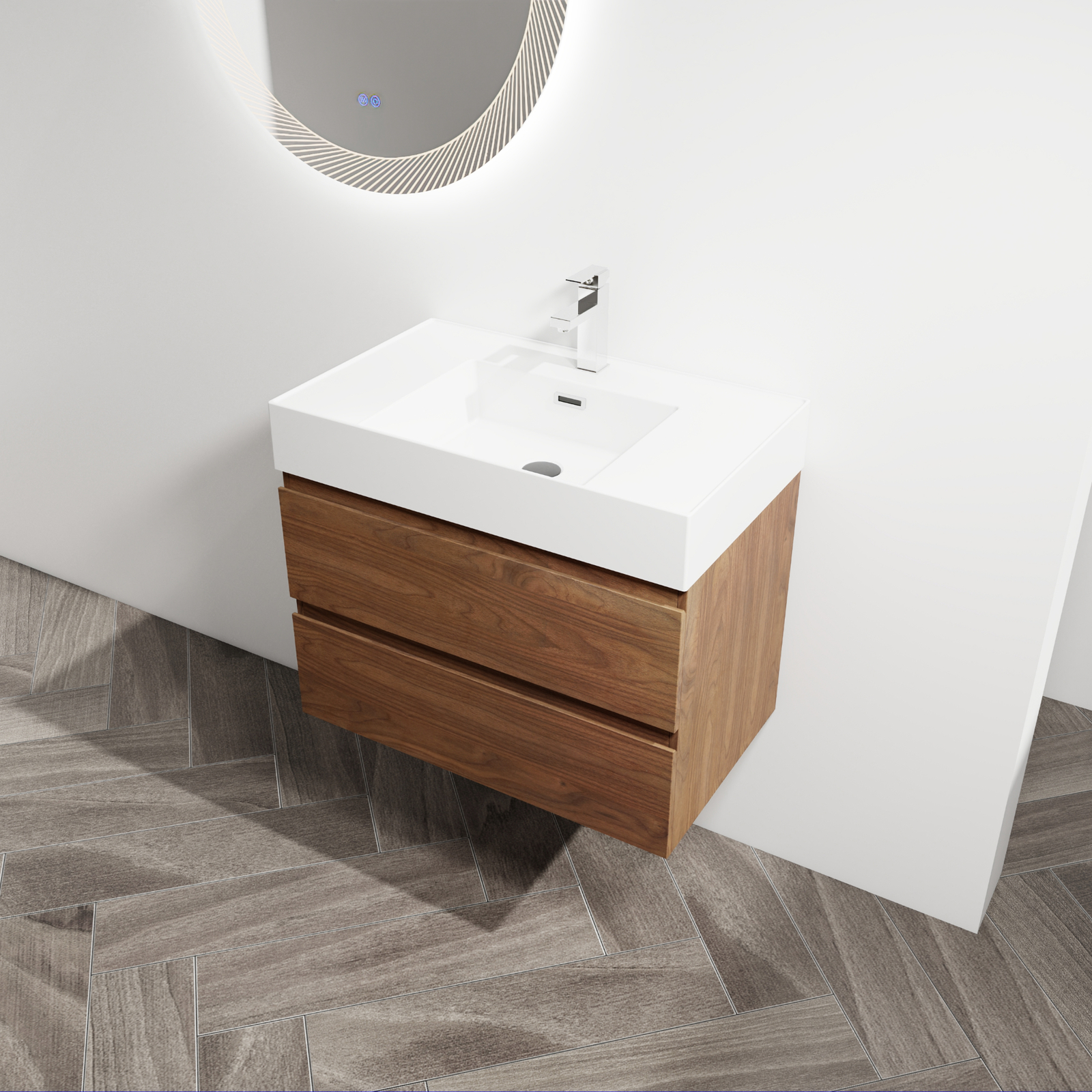 30″ Wall-Mounted Bathroom Vanity Cabinet W/Resin Sink 2-Soft Close Drawers Brown