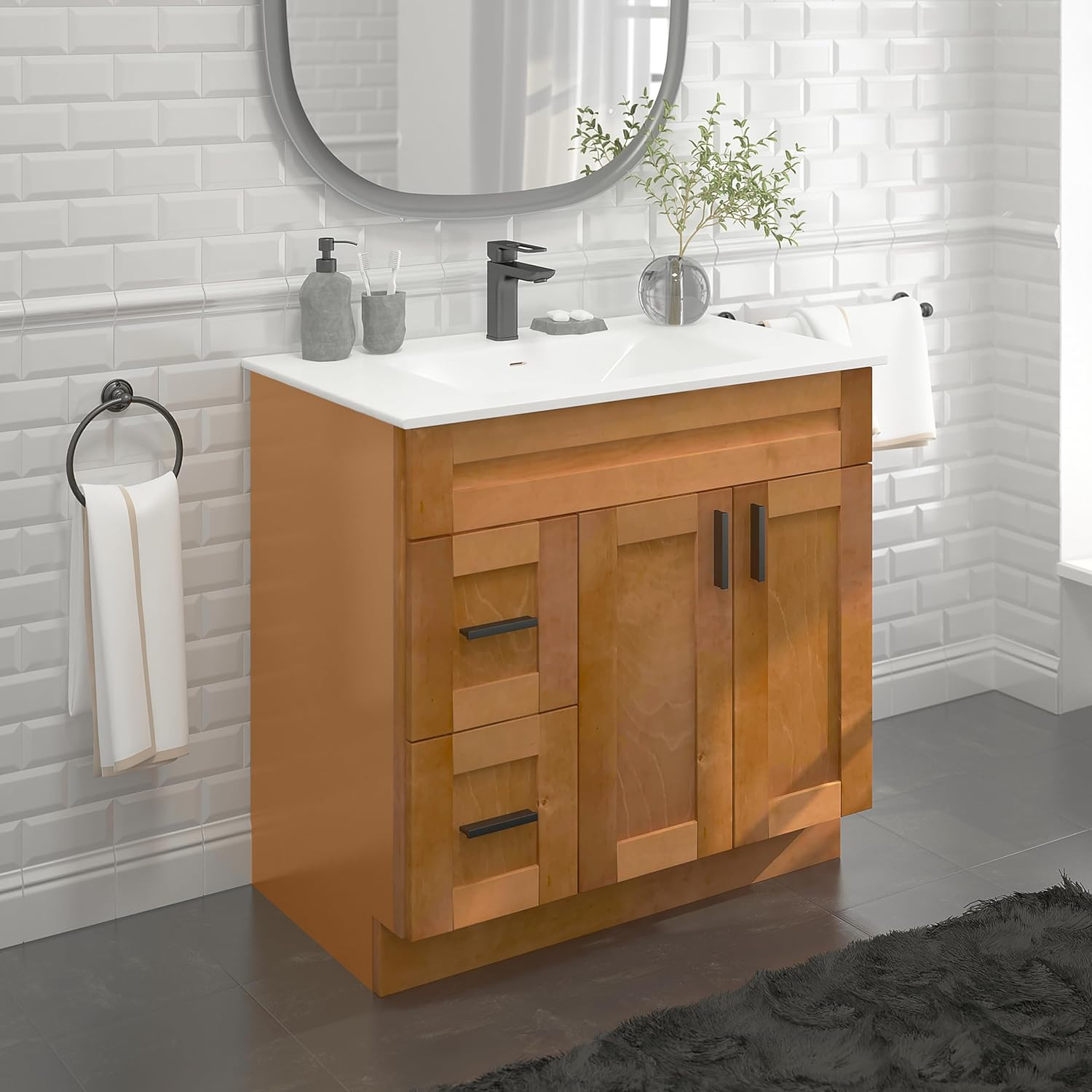 36″ Maple Shaker Sink Base Bathroom Vanity with Drawers – Easy Assembly