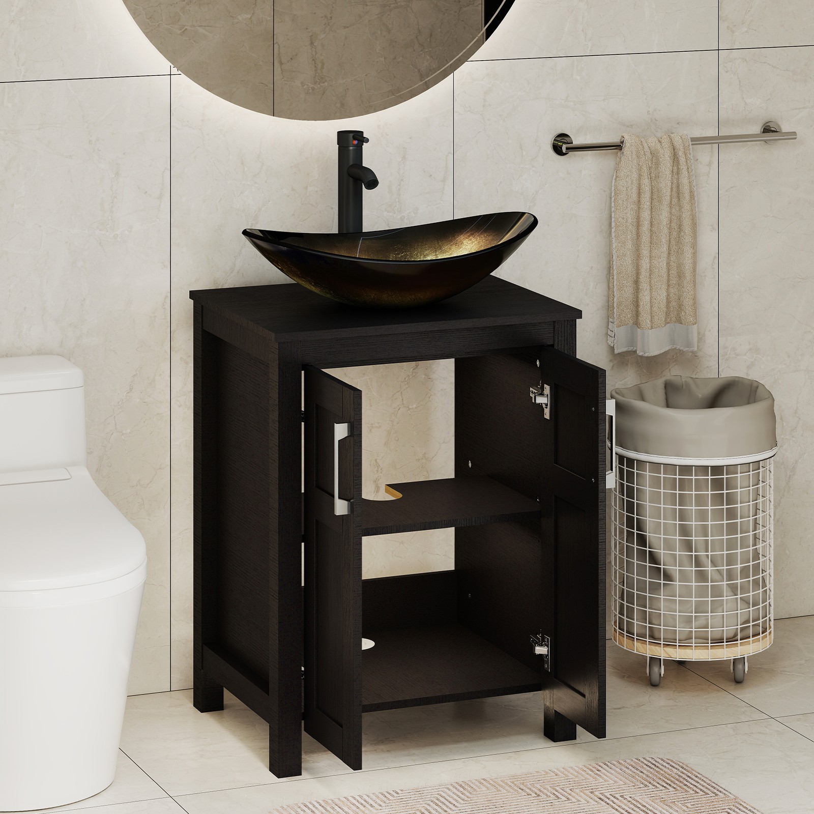 24 Inch Bathroom Vanity Wood Cabinet Free Standing Large Storage Space Black New