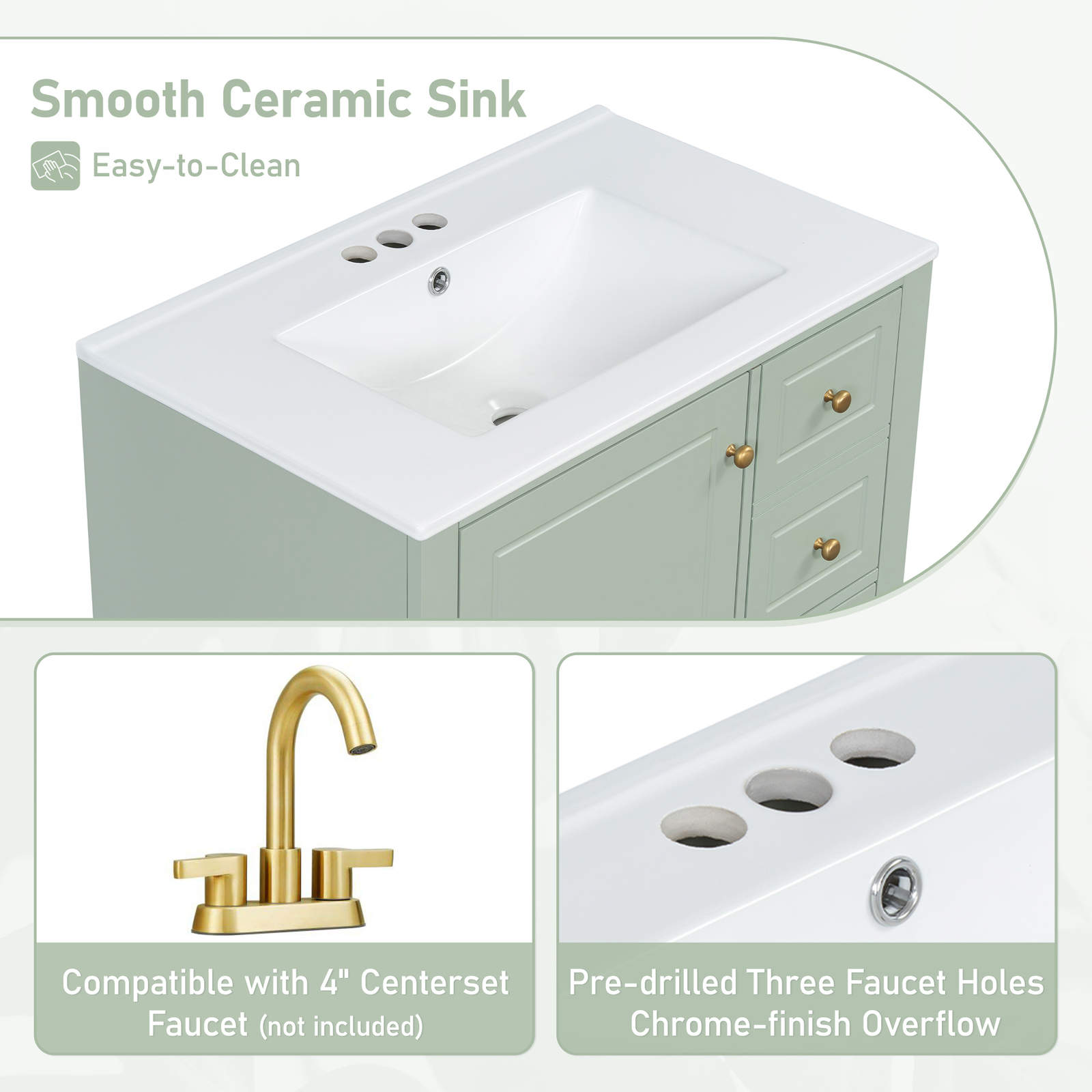 30″ Bathroom Vanity w/Ceramic Sink Freestanding Solid Wood Storage Cabinet Shelf