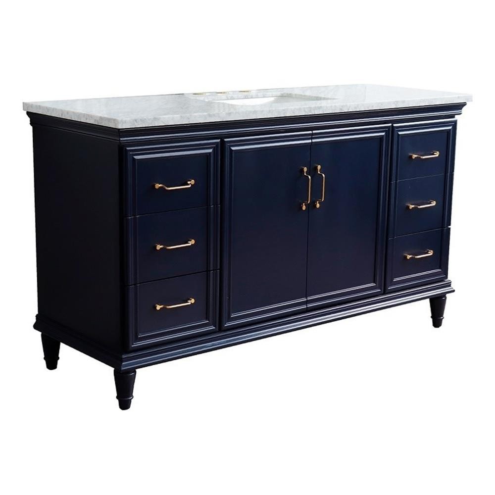 61 in. Single Wooden Vanity Blue White Carrara Marble Rectangle Sink