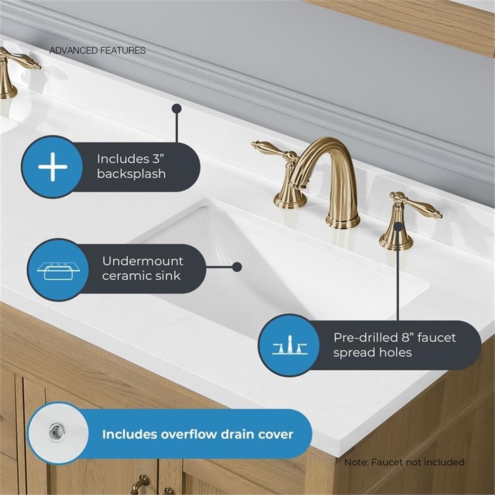 Pemberly Row 60″ Natural Birch Bathroom Vanity with White Countertop