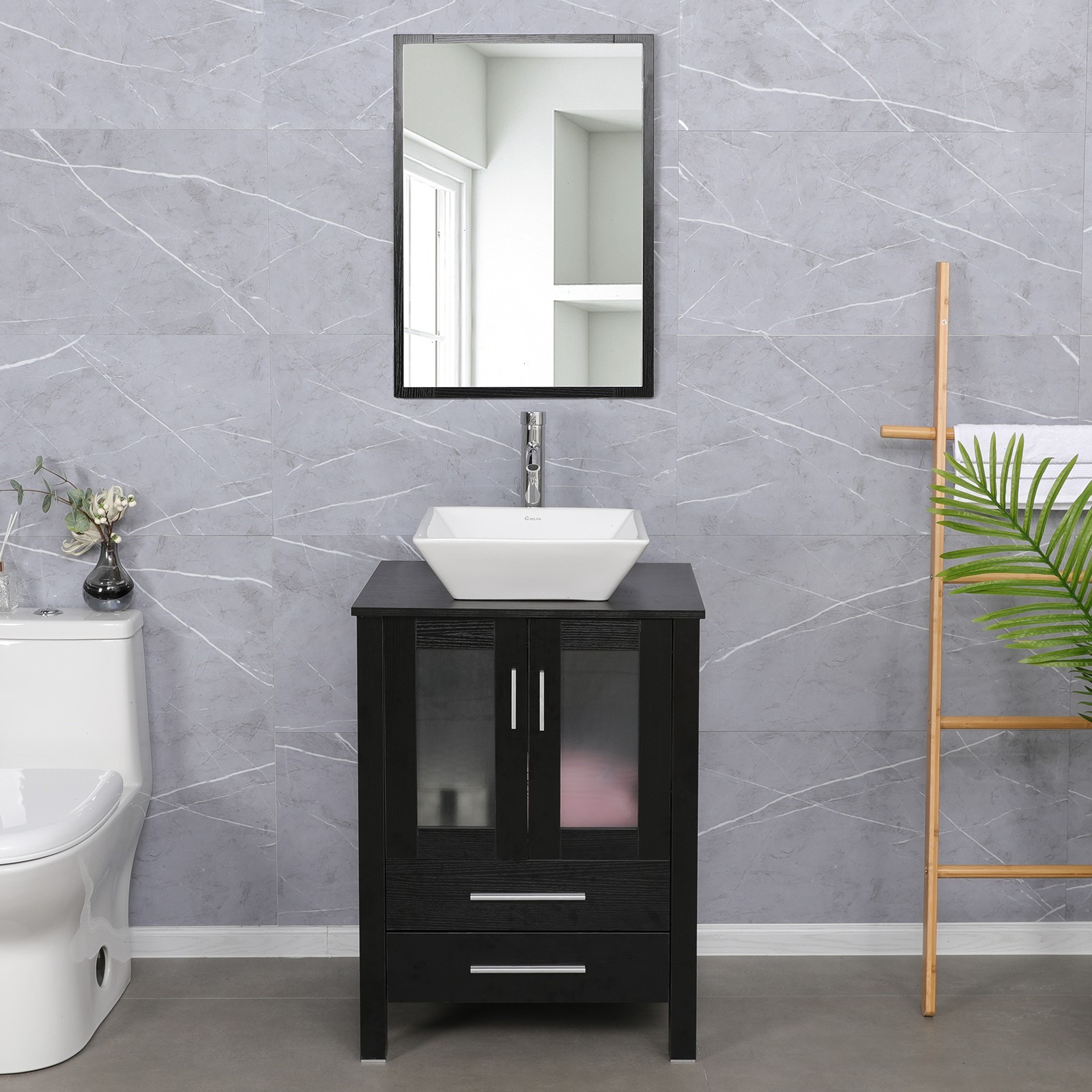 24″ Bathroom Vanity Cabinet Combo Organizer Top Vessel Sink W/ Faucet Drain Hose