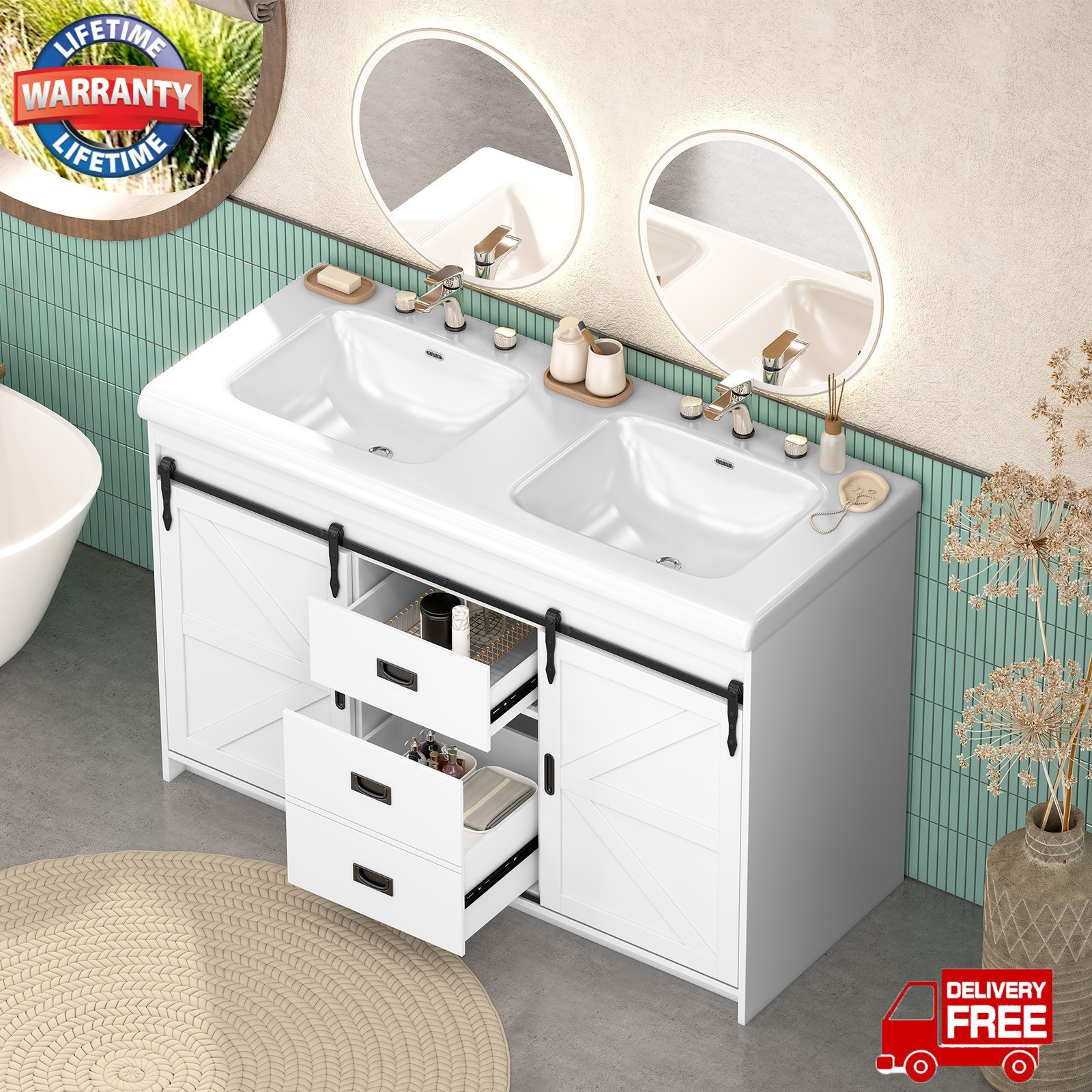 47″ Bathroom Vanity w/Double Ceramic Sink, Freestanding Vanity Cabinet,2 Drawers