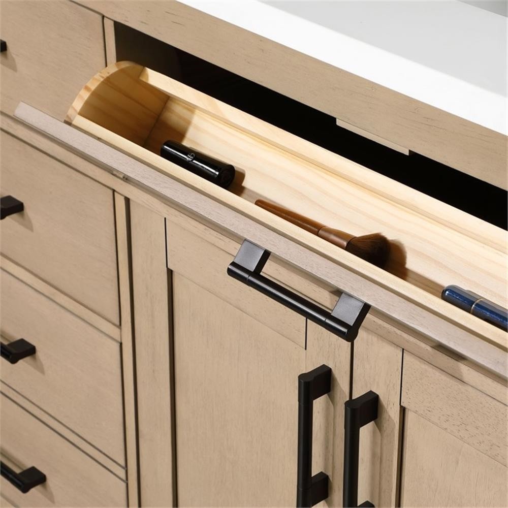 Pemberly Row 72″ Double Bathroom Vanity in Sahara Birch with White Countertop