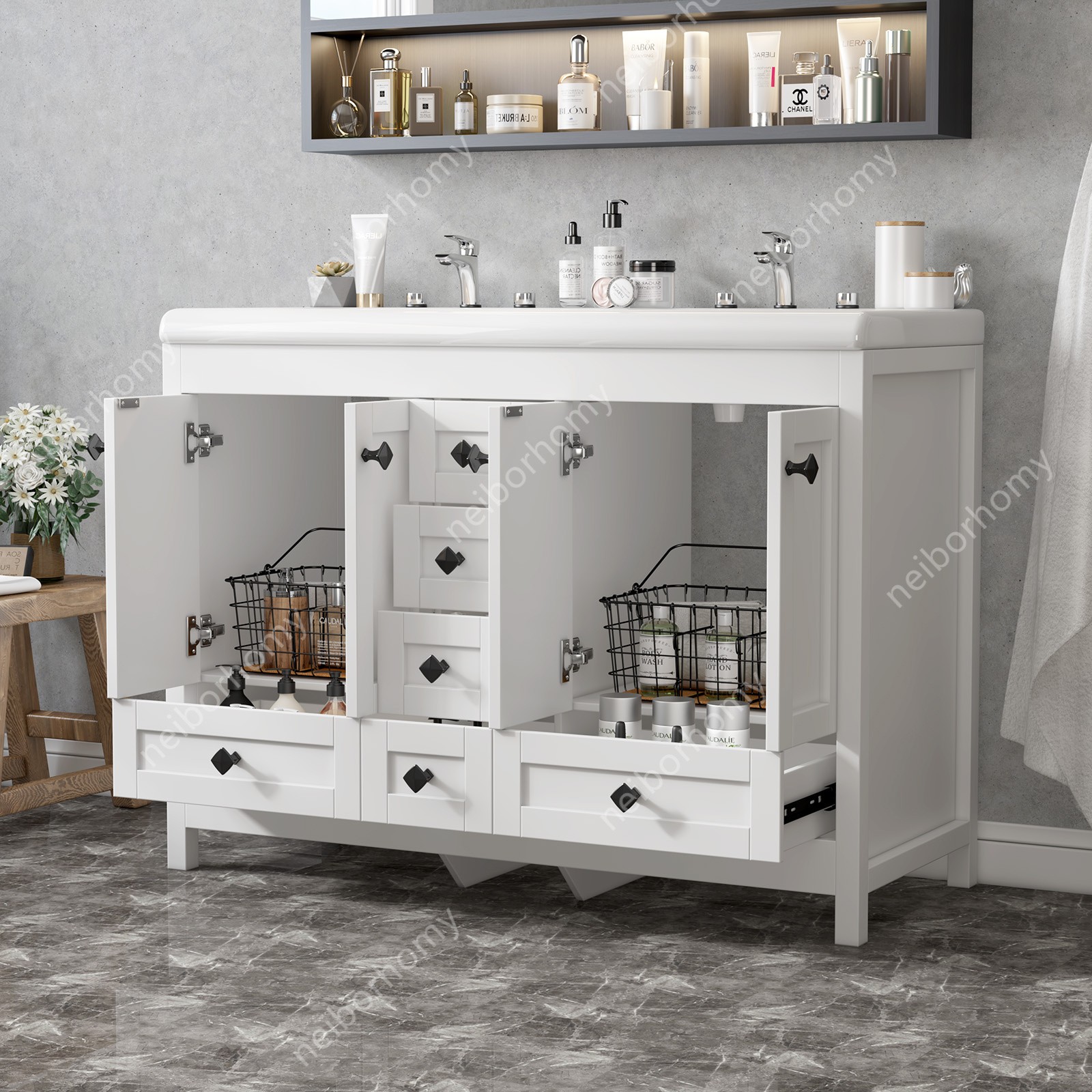 47″ Bathroom Vanity Double Sink Ceramic Freestanding Cabinet 5 Drawers,White
