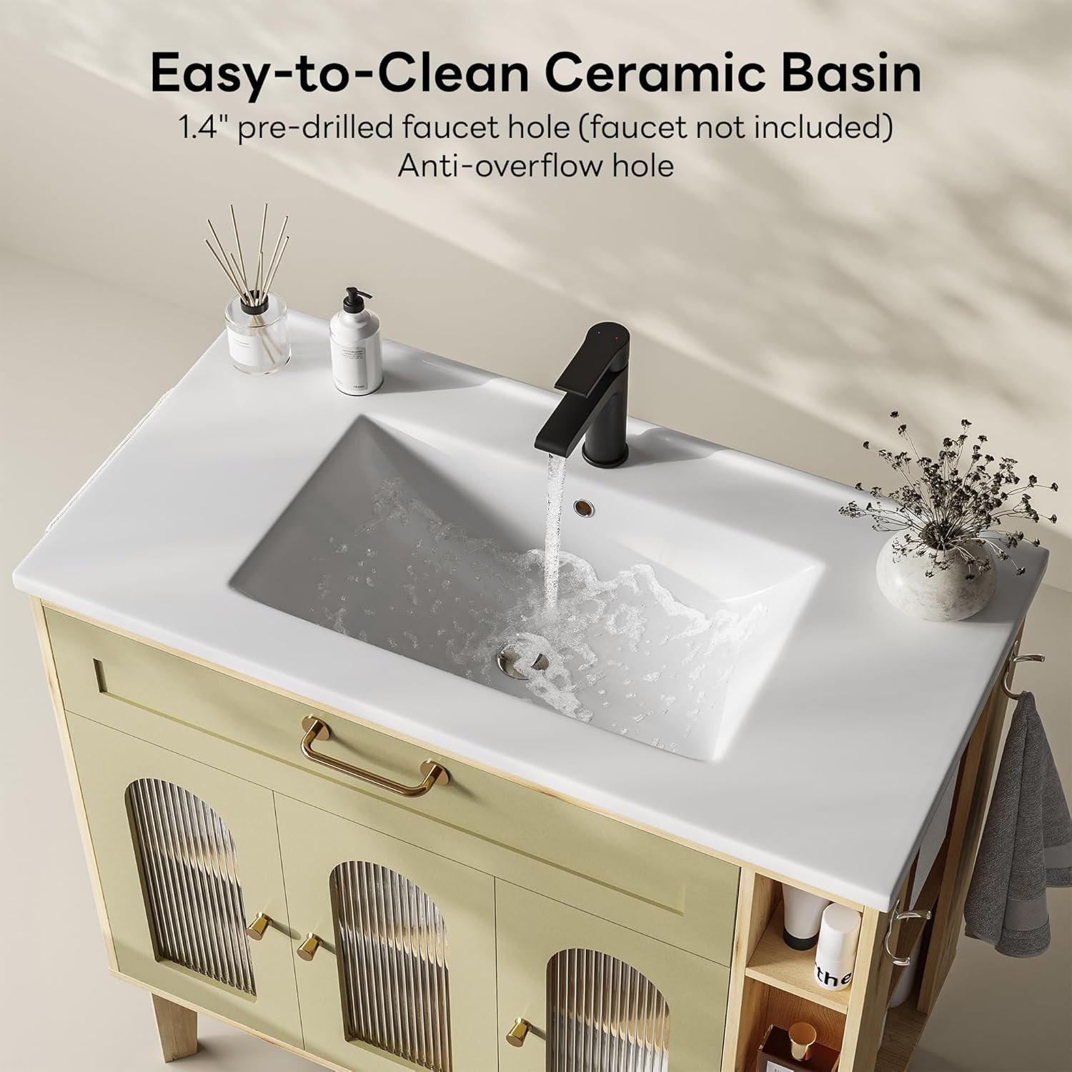 Elegant 36″ Bathroom Vanity with Sink, Glass Doors, Towel Bar & Storage Shelves
