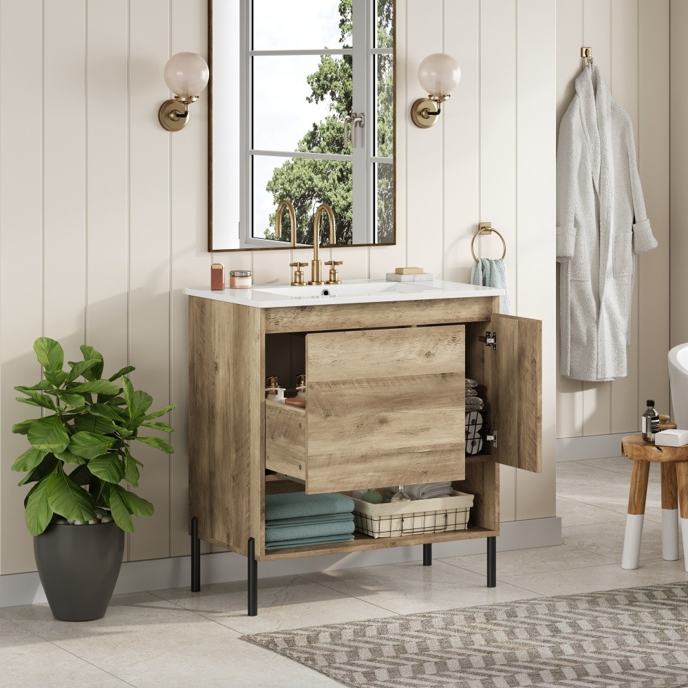 Wooden Bathroom Cabinet Sliding Drawers Ceramic Basin Countertop Open Shelving