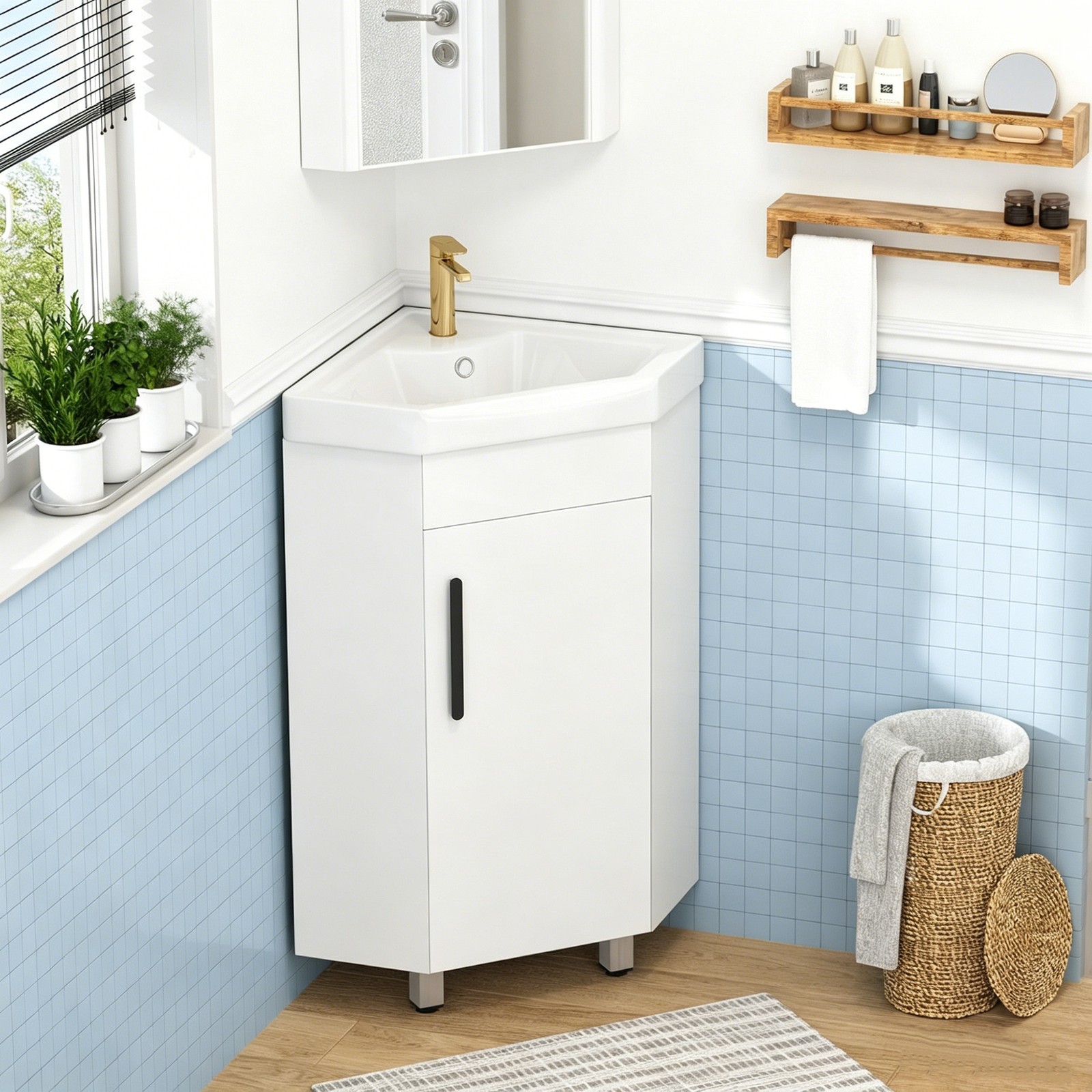 24″ Corner Bathroom Vanity with Sink for Small Compact Space Freestanding White
