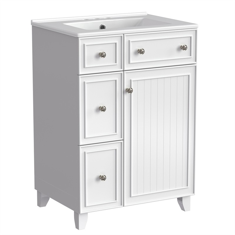 24″ White Bathroom Vanity Cabinet with Ceramic Sink,2 Drawers,1 Soft-Close Door