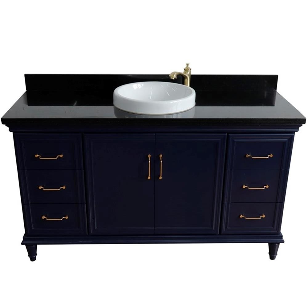 61 in. Single Wooden Vanity Blue Black Galaxy Granite Round Sink