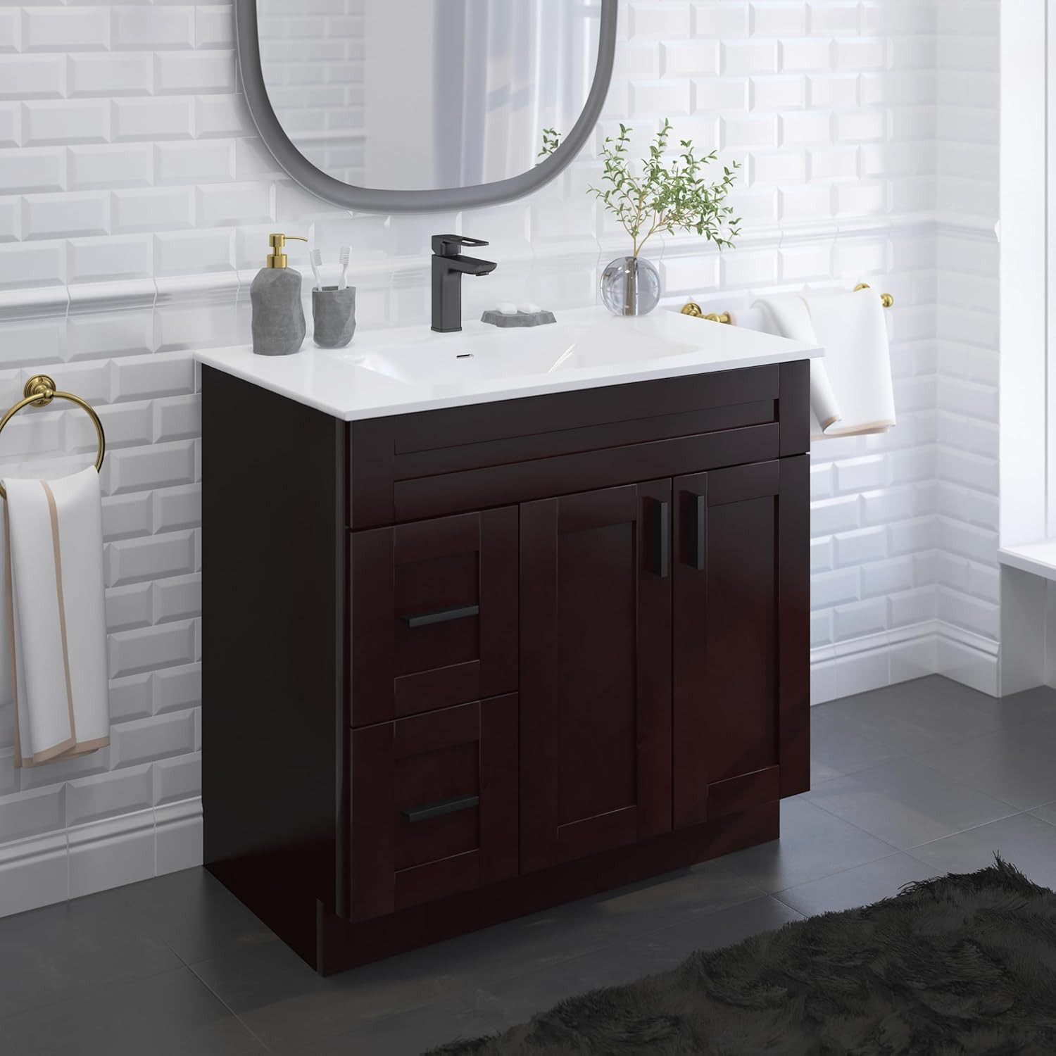 Espresso 36″ Shaker Bathroom Vanity Sink Base with Drawers – Ready to Assemble