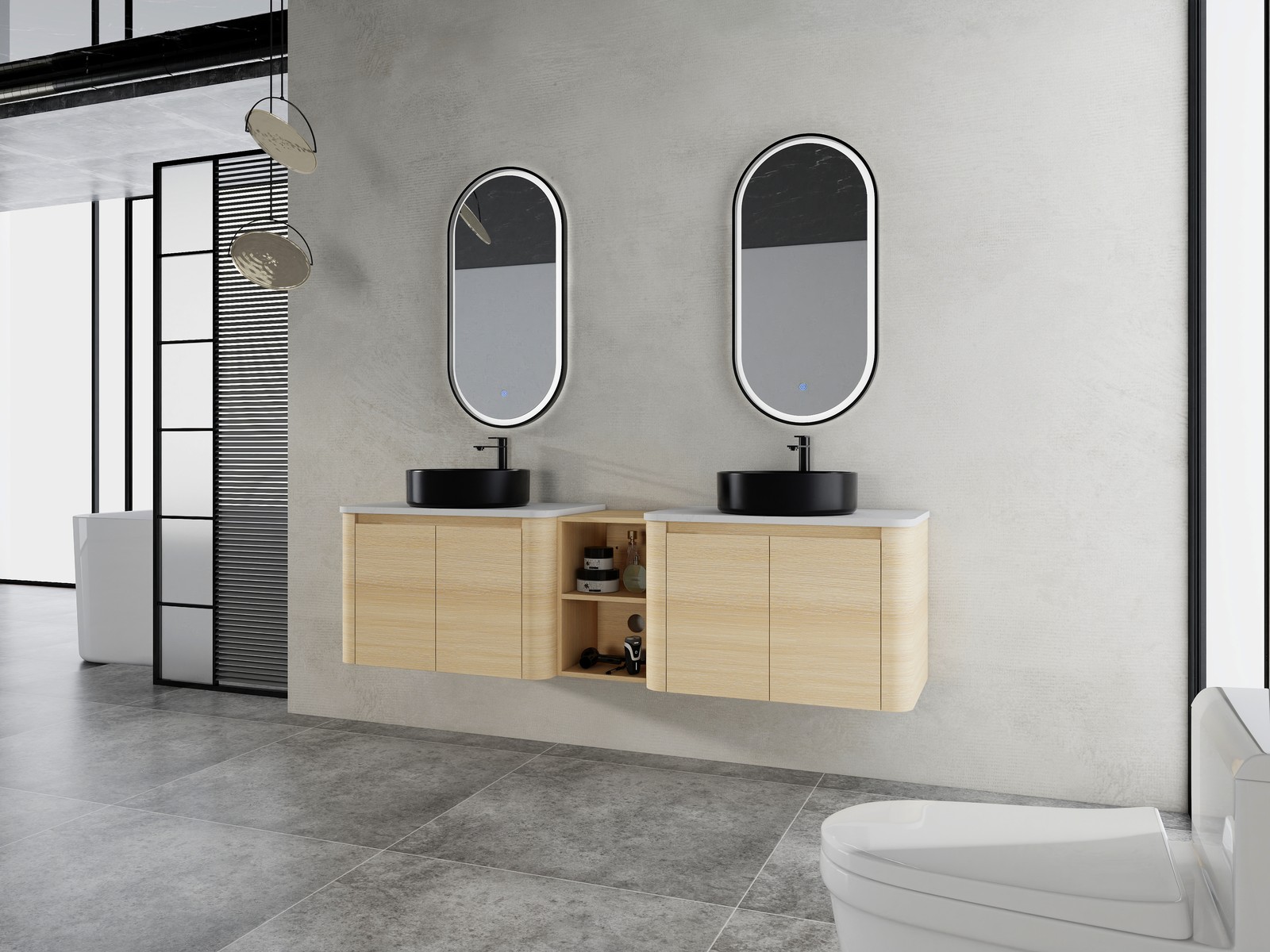 72 in Floating Bathroom Vanity Cabinet 2x Black Ceramic Sink Basin +Open Shelves