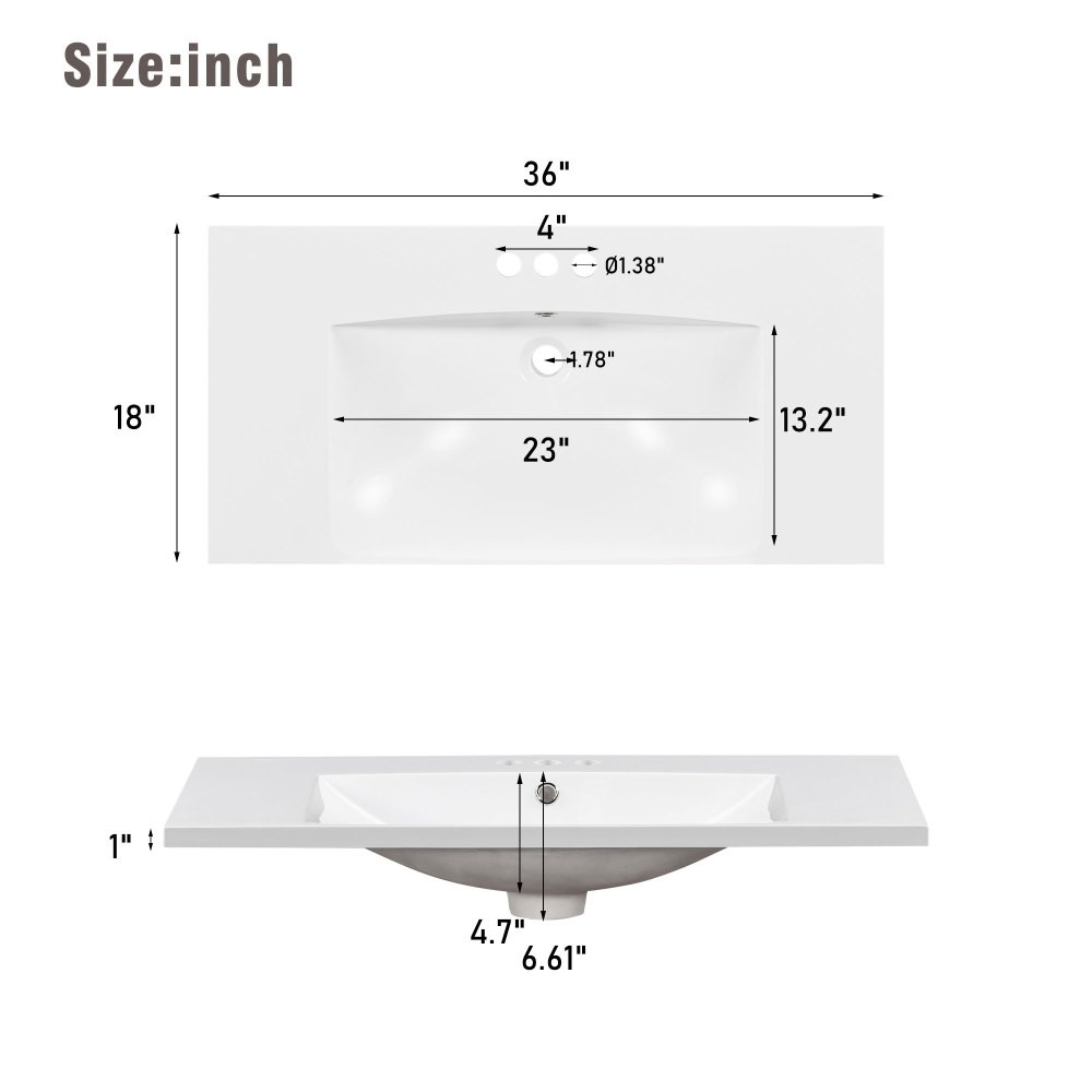 36×18″ Rectangular 3 Hole Bathroom Resin Sink, Vanity Top Sink Only