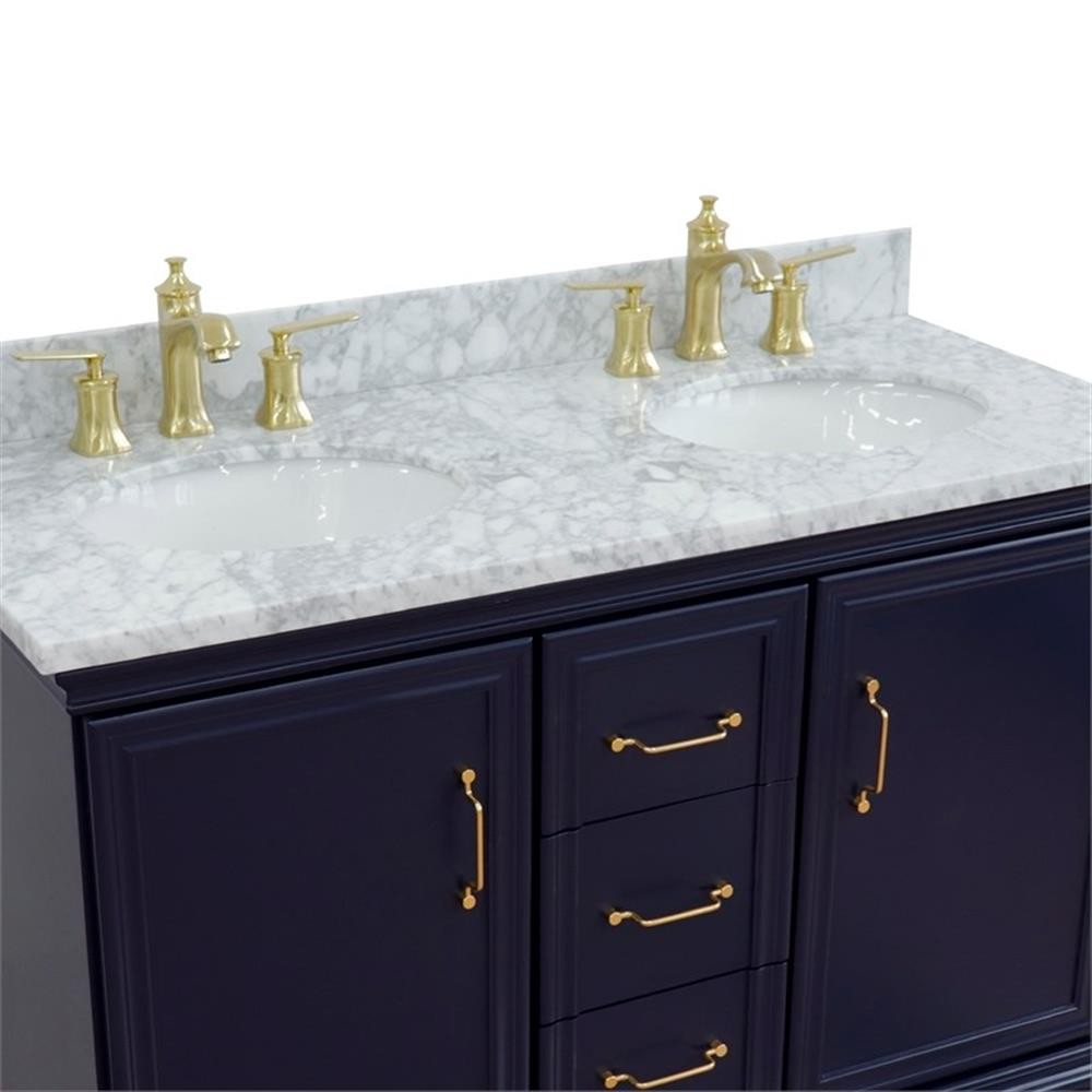 49 in. Double Wooden Vanity Blue with White Carrara Oval Sink
