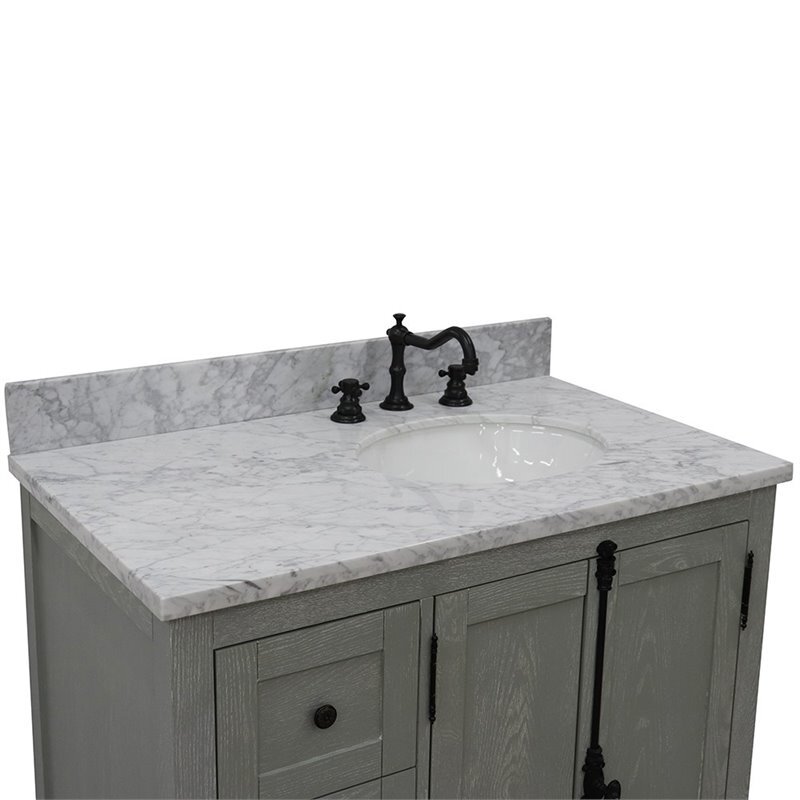 Plantation Solid Wood Vanity with Right Oval Sink in White/Gray Ash