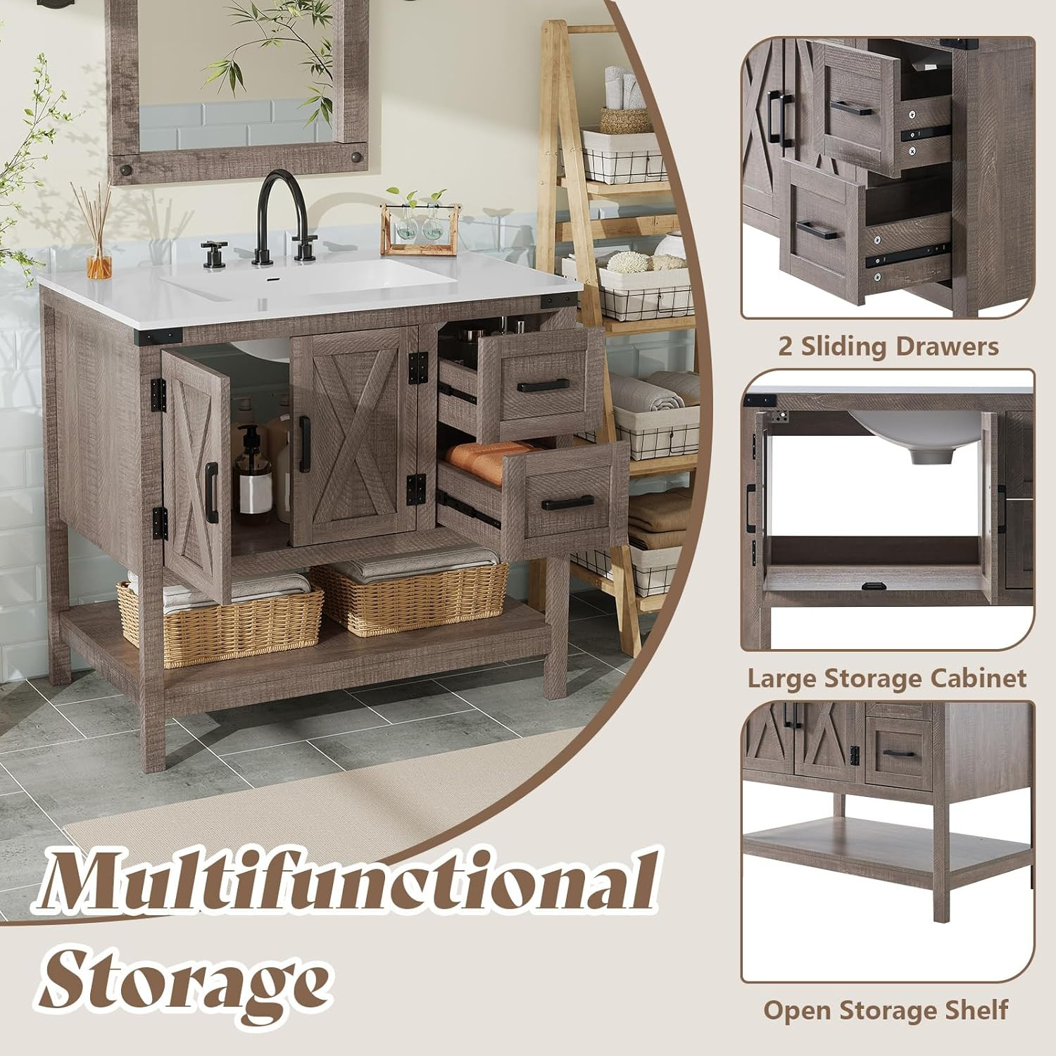 AMERLIFE 36″ Farmhouse Bathroom Vanity with Sink Combo, Wood Barn Door Freestand