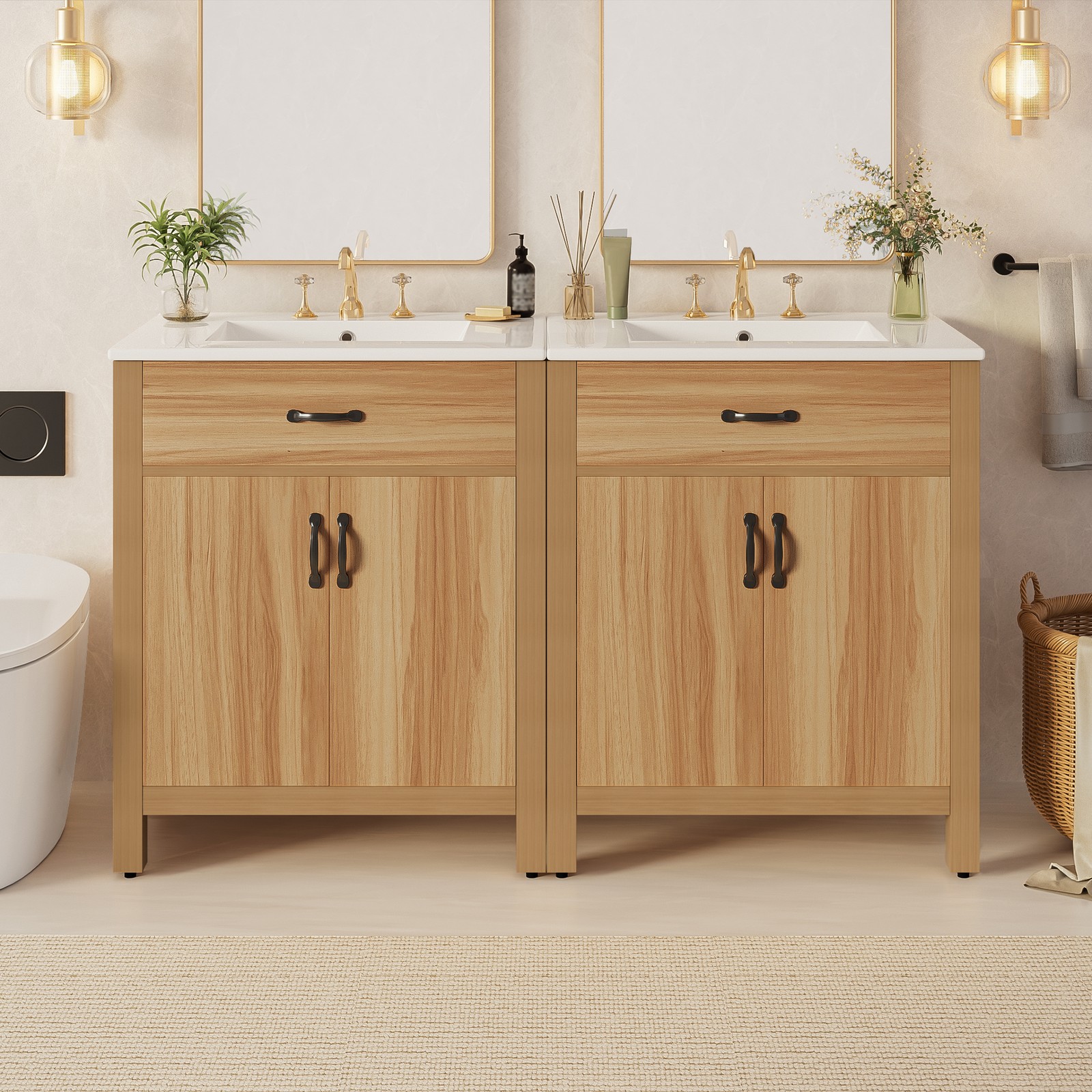 60″ Wood Bathroom Vanity with Solid Wood Frame, 4 Soft Close Doors,2 Flip Drawer
