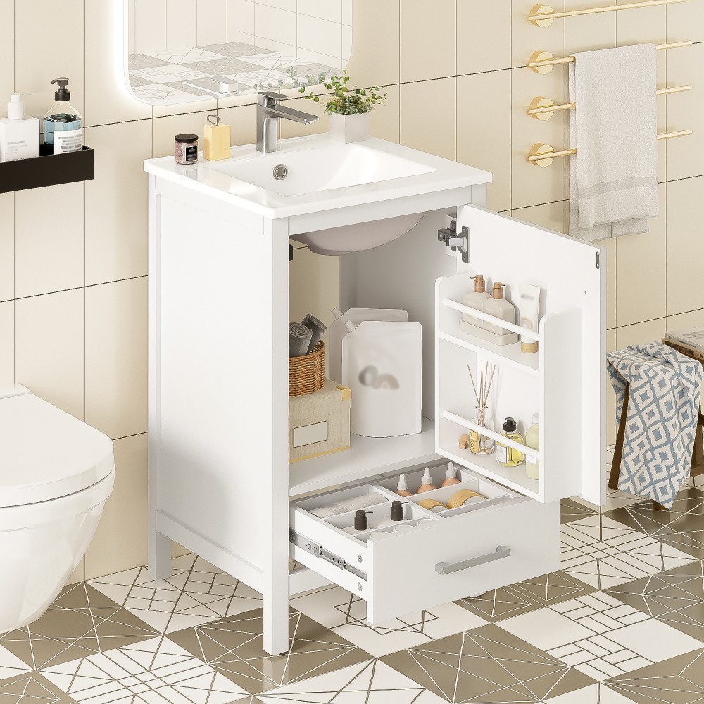 20″ Solid Wood Bath Vanity Ceramic Sink Soft Close Door Divider Drawer Storage