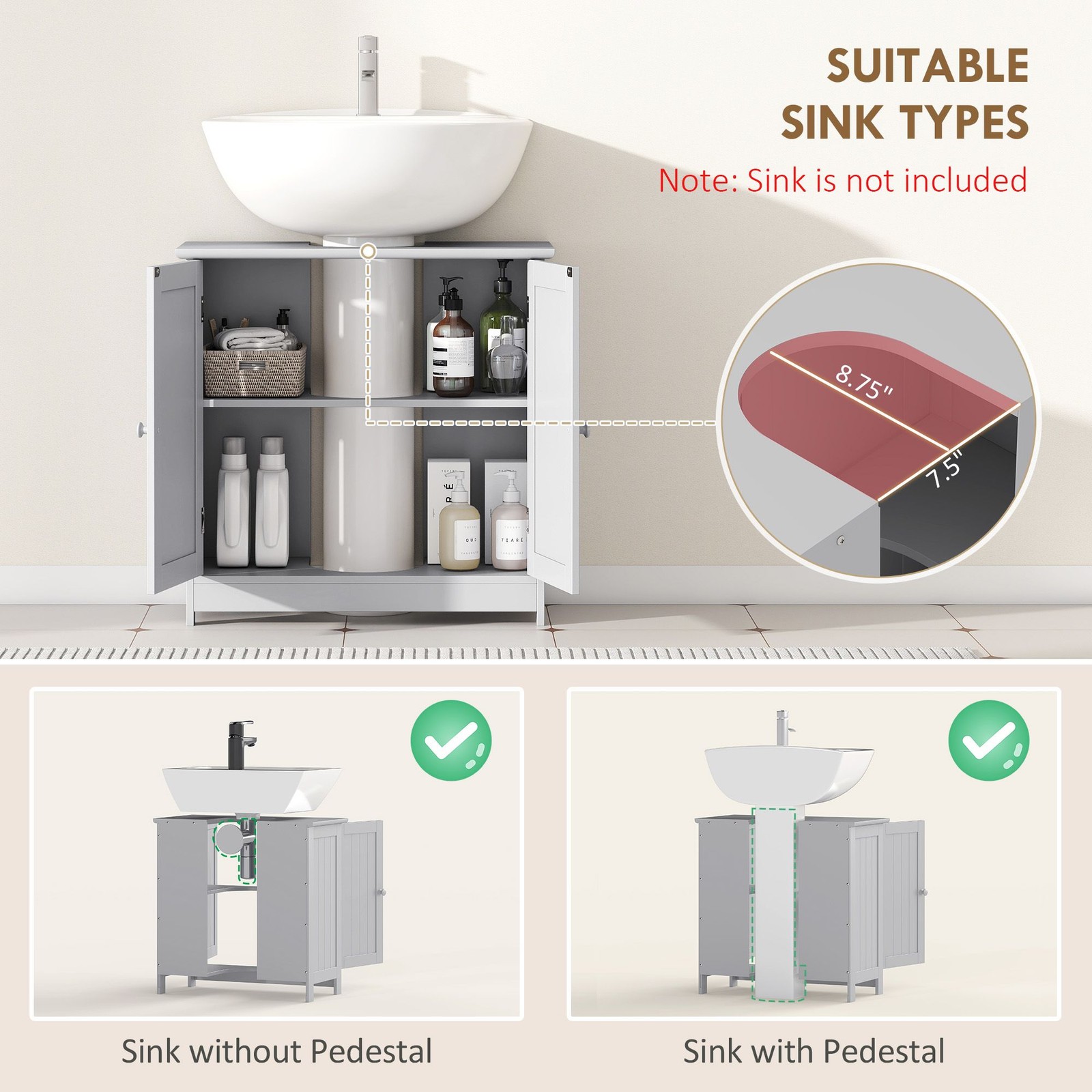 Modern Light Gray Bathroom Cabinet 23.5×11.75×23.5in with Flexible Shelf