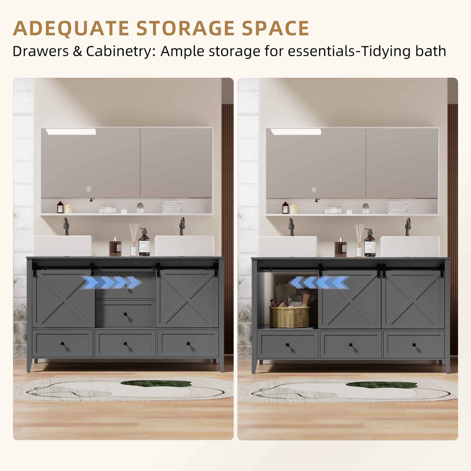 60-inch Grey Bathroom Vanity with Ceramic Sink Combo Abundant Storage Cabinet US