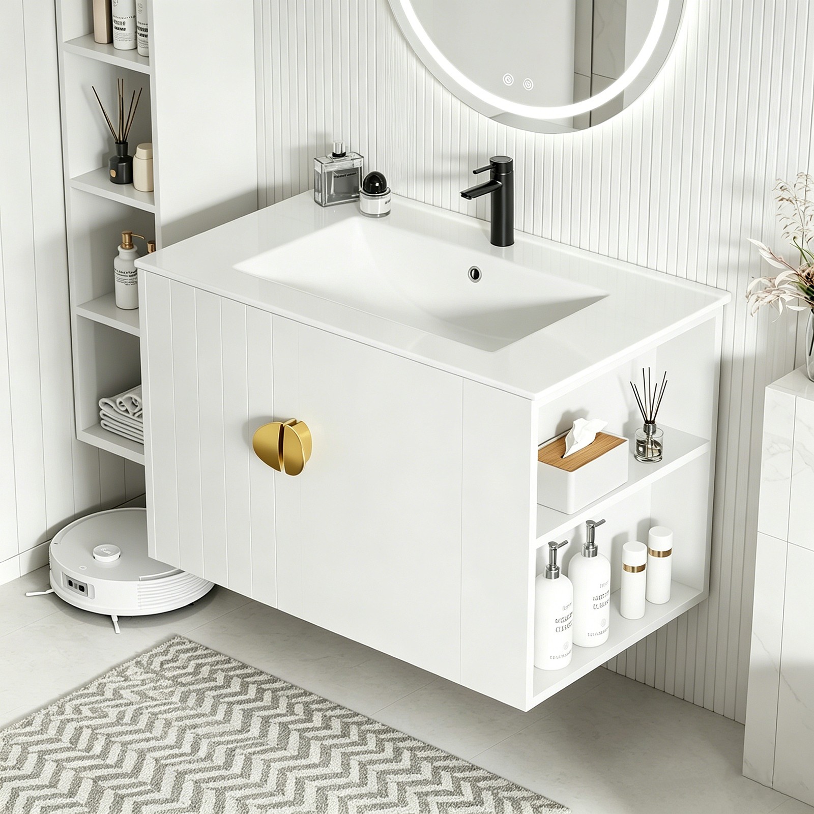 30″ Floating Vanity with Sink Wall Mounted White Soft Close Bathroom Cabinet