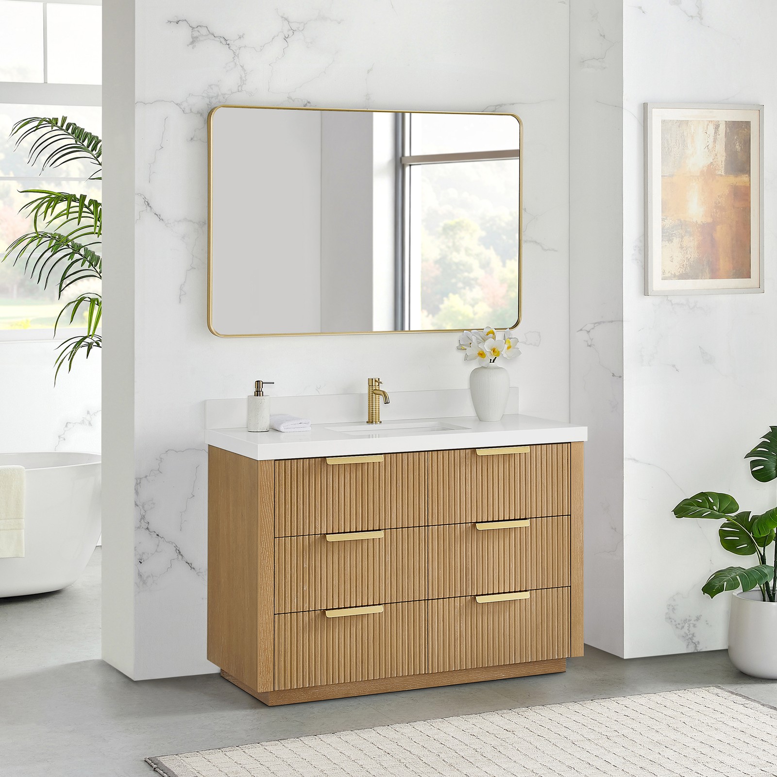 Santarem 48″ Single Bath Vanity in Washed Ash Grey with White Quartz Stone Top