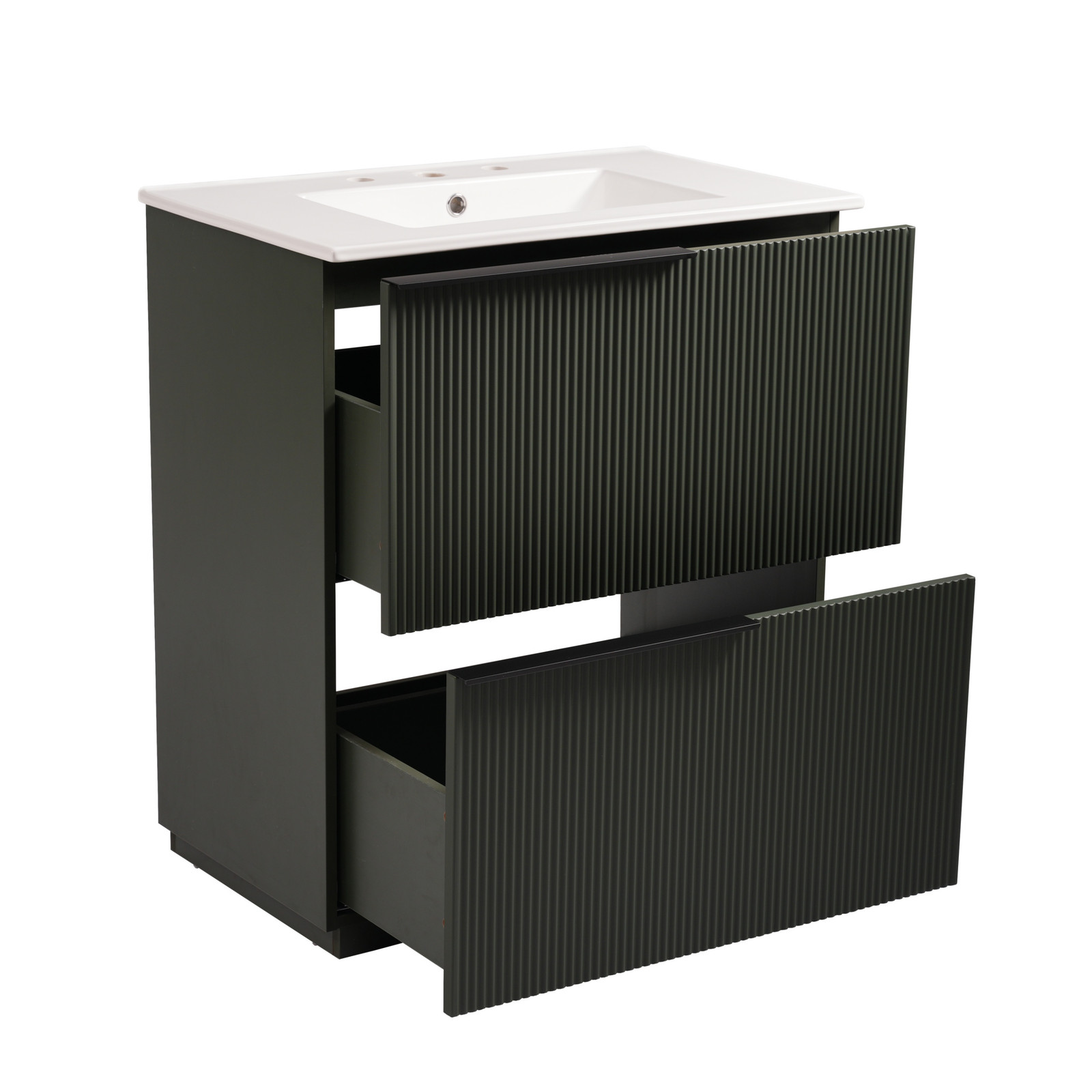 30″ Green Fluted Bathroom Vanity with Ceramic Sink & Soft Close